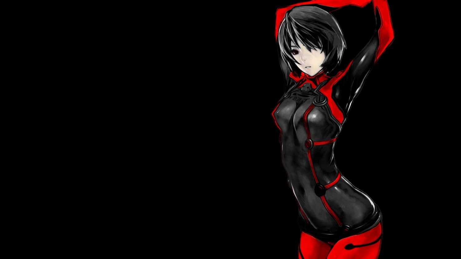 latex, copy space, human limb, determination, indoors, Anime Girls, standing, athlete, red, sexy anime, 720P, single object, black background, Neon Genesis Evangelion, HD Wallpaper