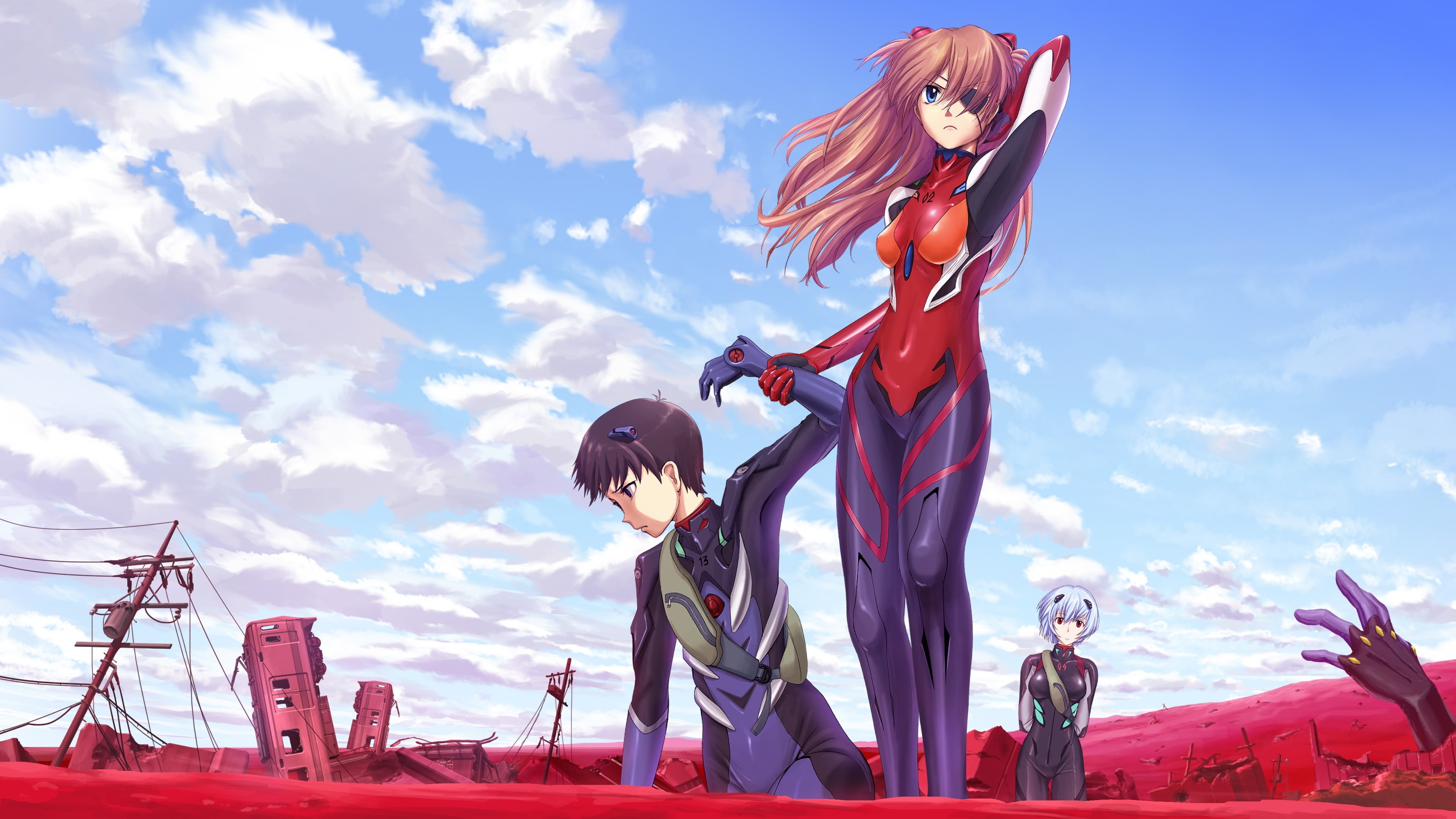 Neon Genesis Evangelion, art and craft, neon, anime, sky, Ikari Shinji, nature, creativity, female likeness, outdoors, no people, 4K, Asuka Langley Soryu, HD Wallpaper