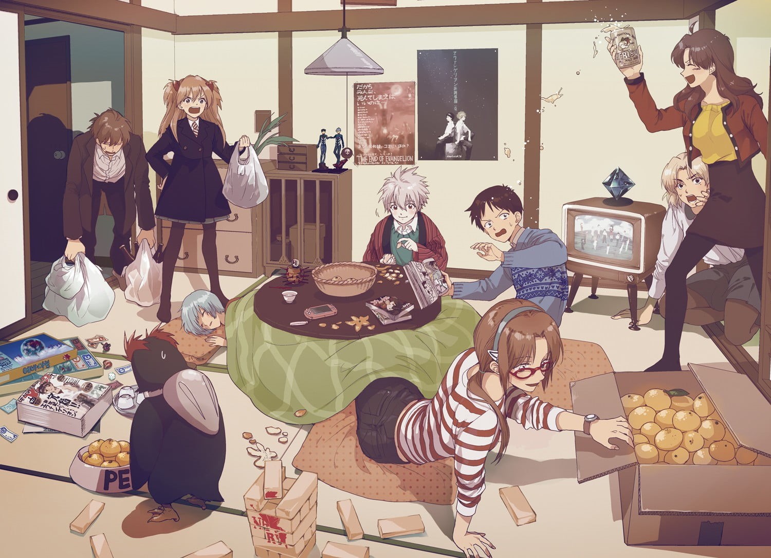 people, group of people, sitting, 720P, indoors, Pen², dinnerware, Kaworu Nagisa, lifestyles, set, standing, technology, music, Ayanami Rei, men, ceramic, HD Wallpaper