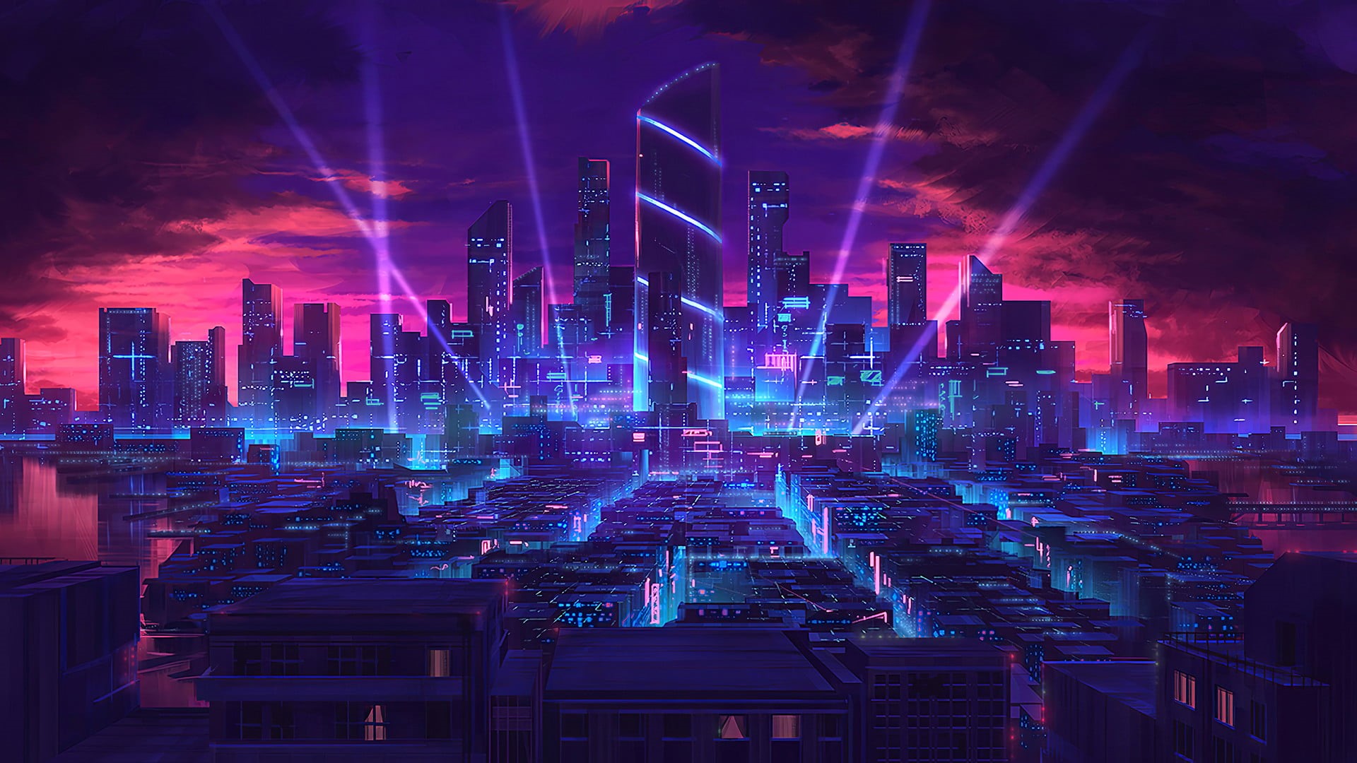 neon lights, city, skyscraper, science fiction, artwork, cityscape, 1080P, digital, lights, HD Wallpaper