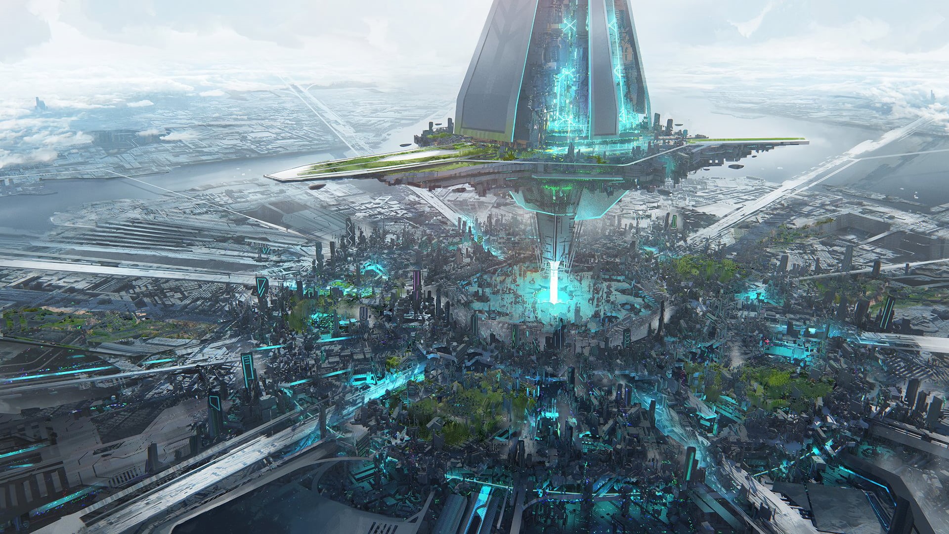 glass - material, futuristic, building, aerial view, transparent, built structure, high angle view, outdoors, science fiction, city, air vehicle, digital art, HD Wallpaper