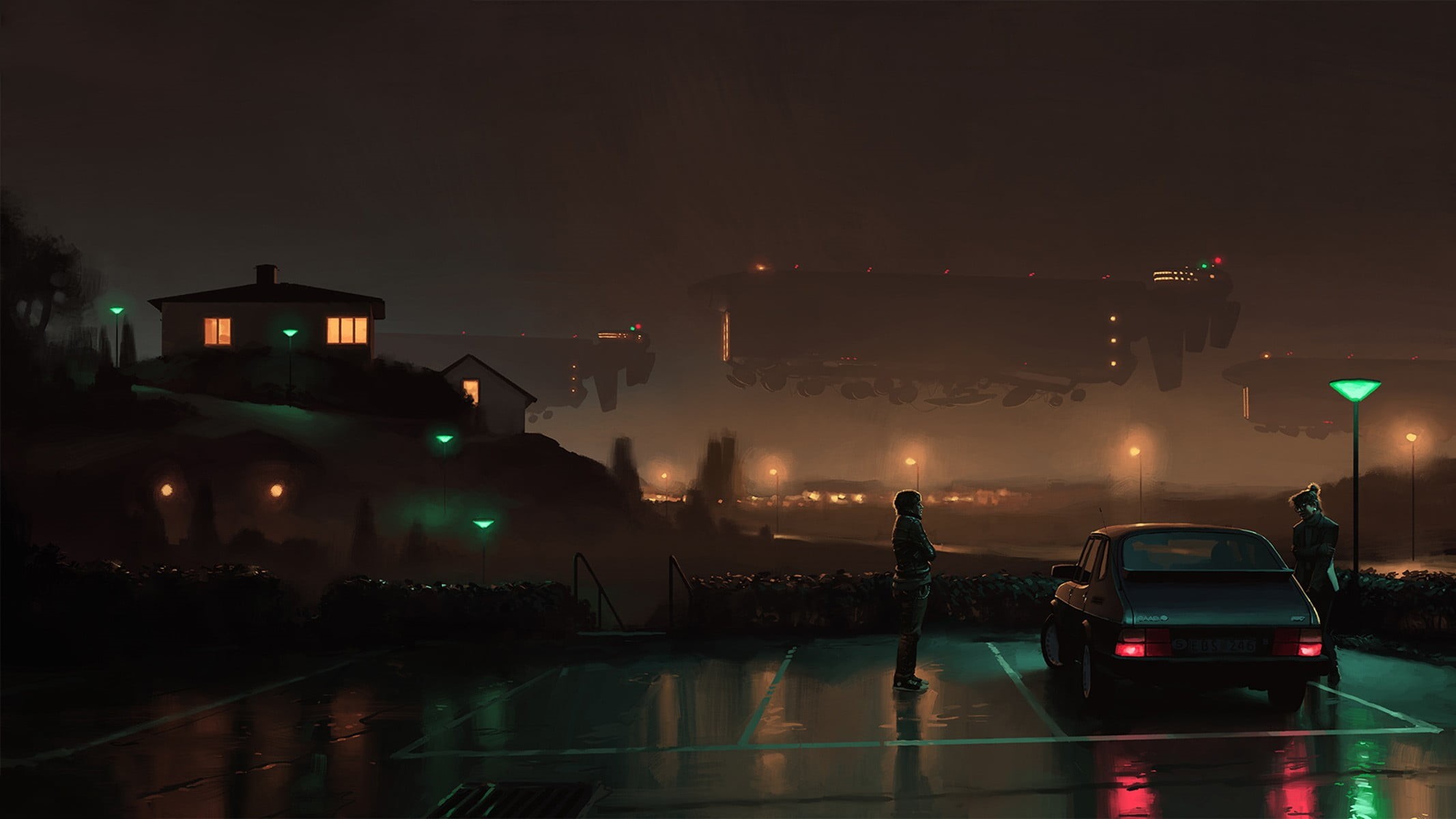 cyberpunk, lighting Equipment, hatchback, tourism, town, car, transportation, water, spaceship, street Light, saab, futuristic, Saab 900, artwork, building Exterior, HD Wallpaper