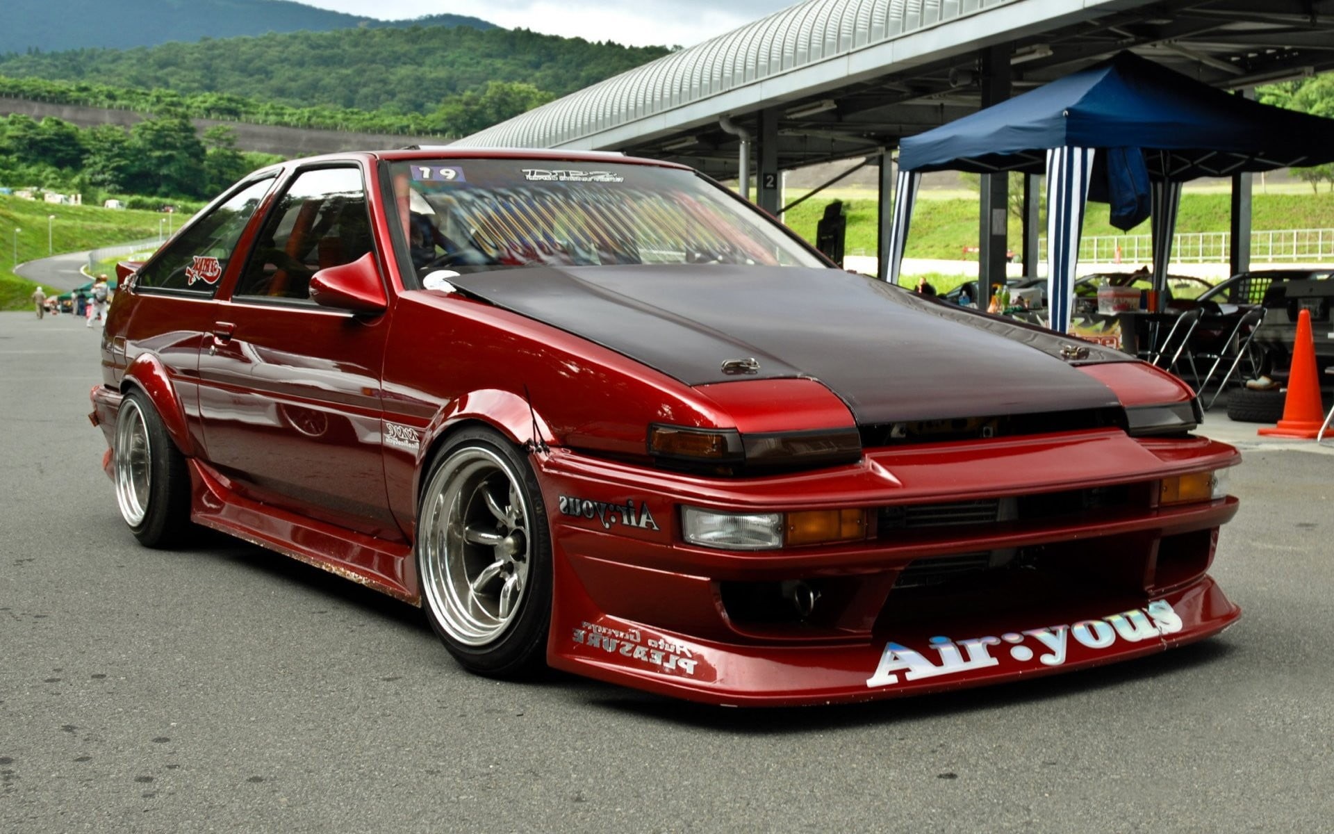 red, car, architecture, street, mode of transportation, Stance, travel, no people, parking, black, land vehicle, 1080P, city, built structure, door, AE86, HD Wallpaper