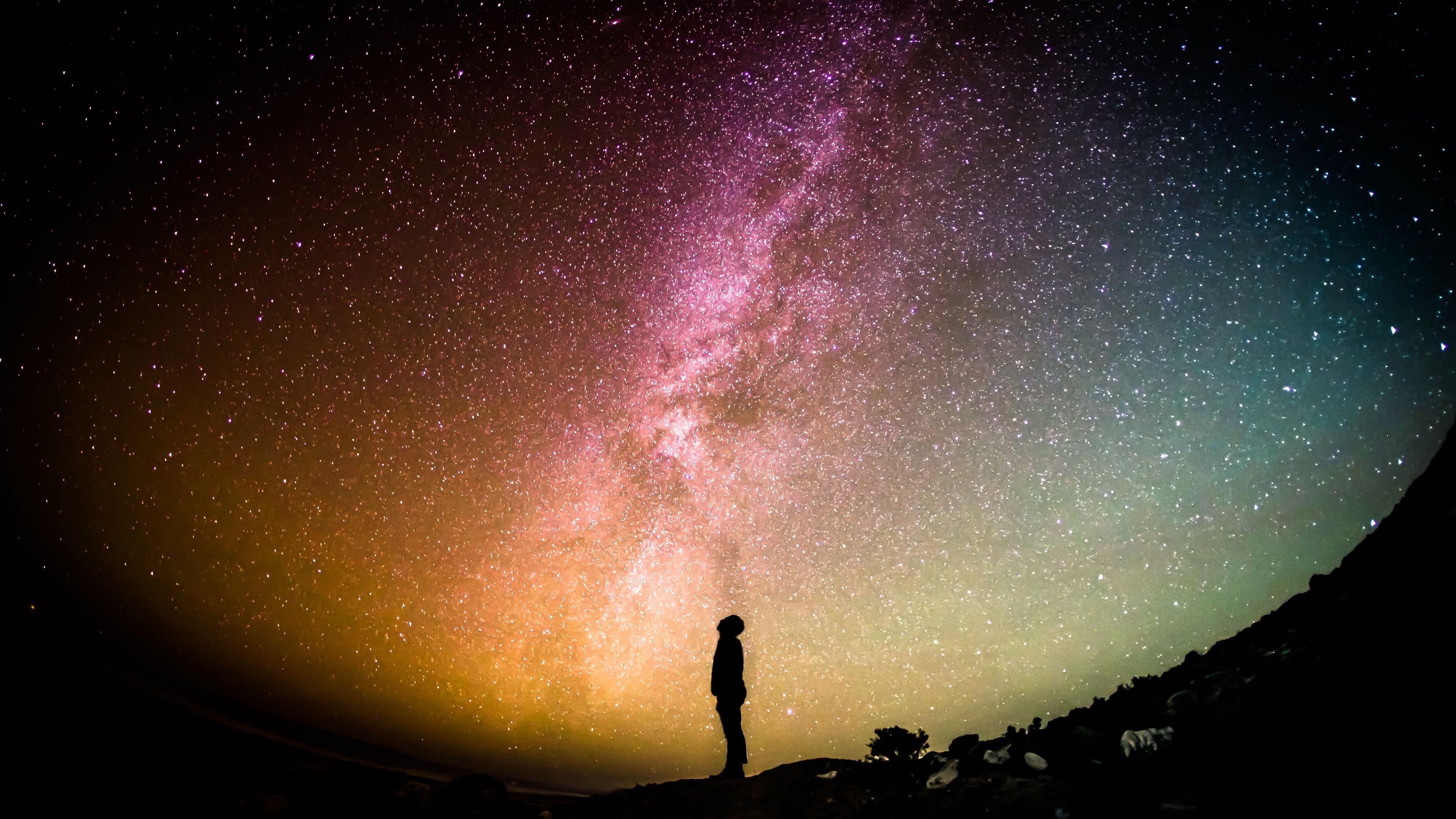 tranquility, starry night, 4K, night sky, scenics - nature, real people, star, purple, arms raised, low angle view, tranquil scene, astronomy, stars, sky, HD Wallpaper