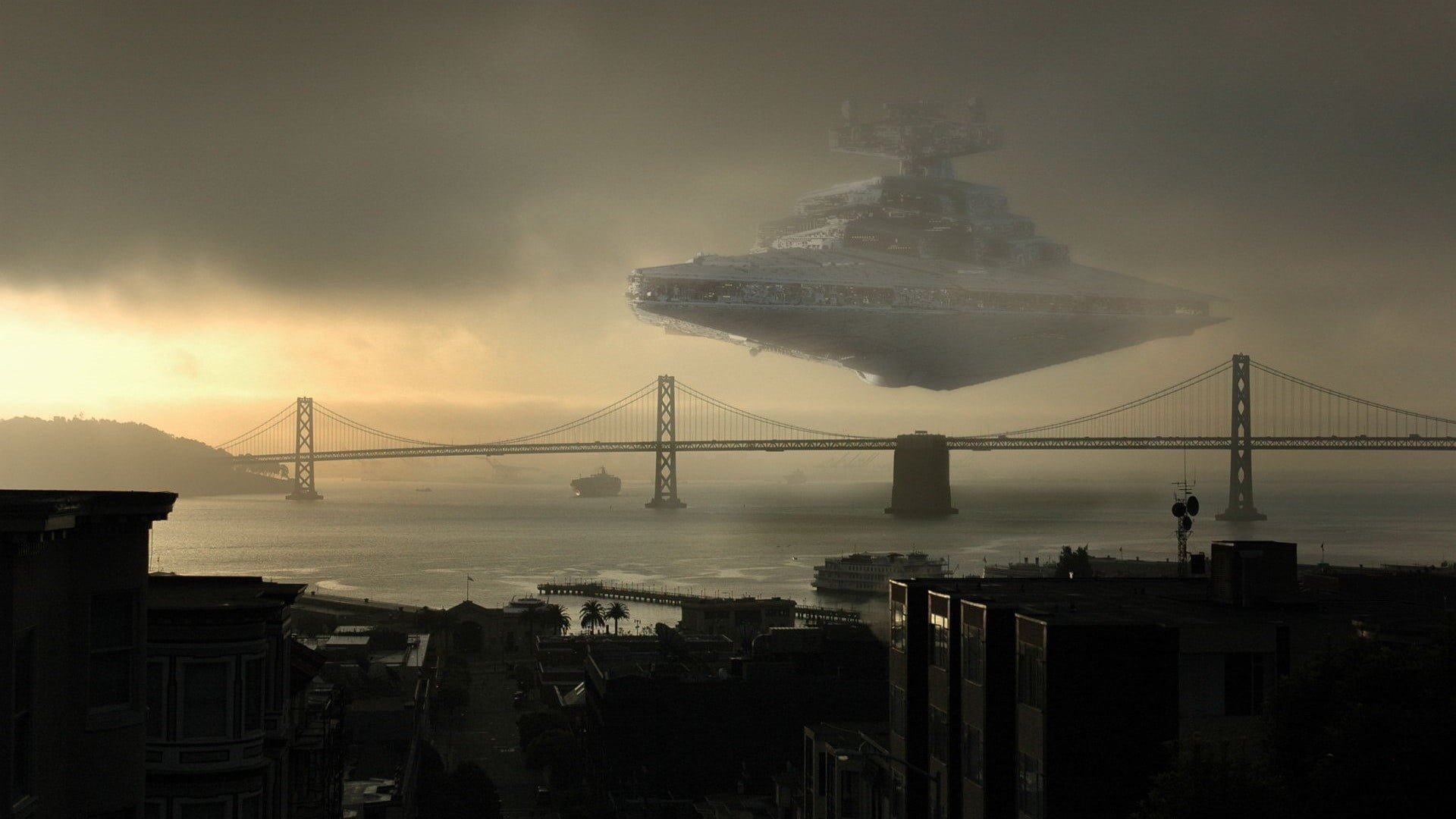 fog, 1080P, star, spaceship, nature, travel destinations, sea, suspension bridge, architecture, digital, outdoors, water, building exterior, HD Wallpaper