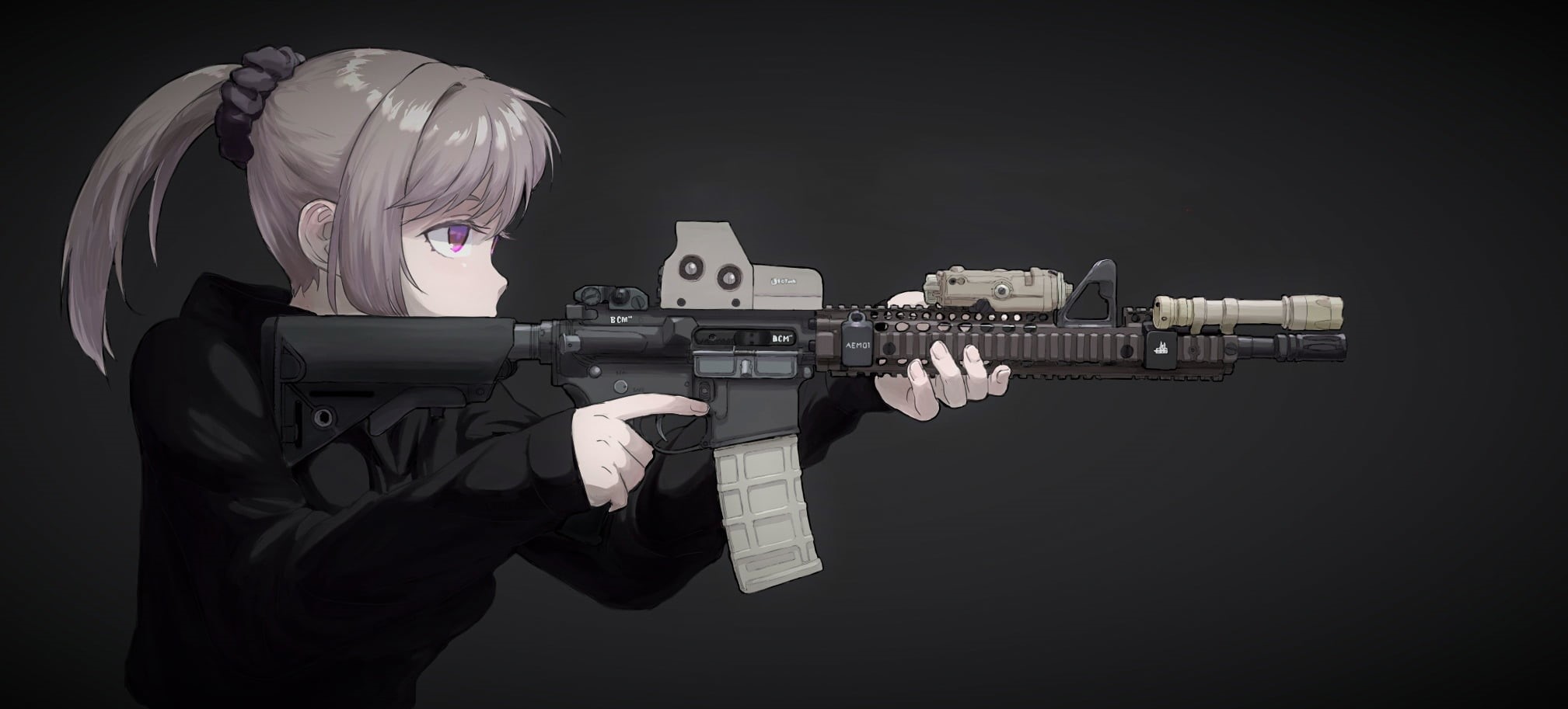 fan art, women, pink, warning sign, games art, anime girls, girls with guns, gun, kawai anime, minimalism, black background, shooter, protection, indoors, HD Wallpaper