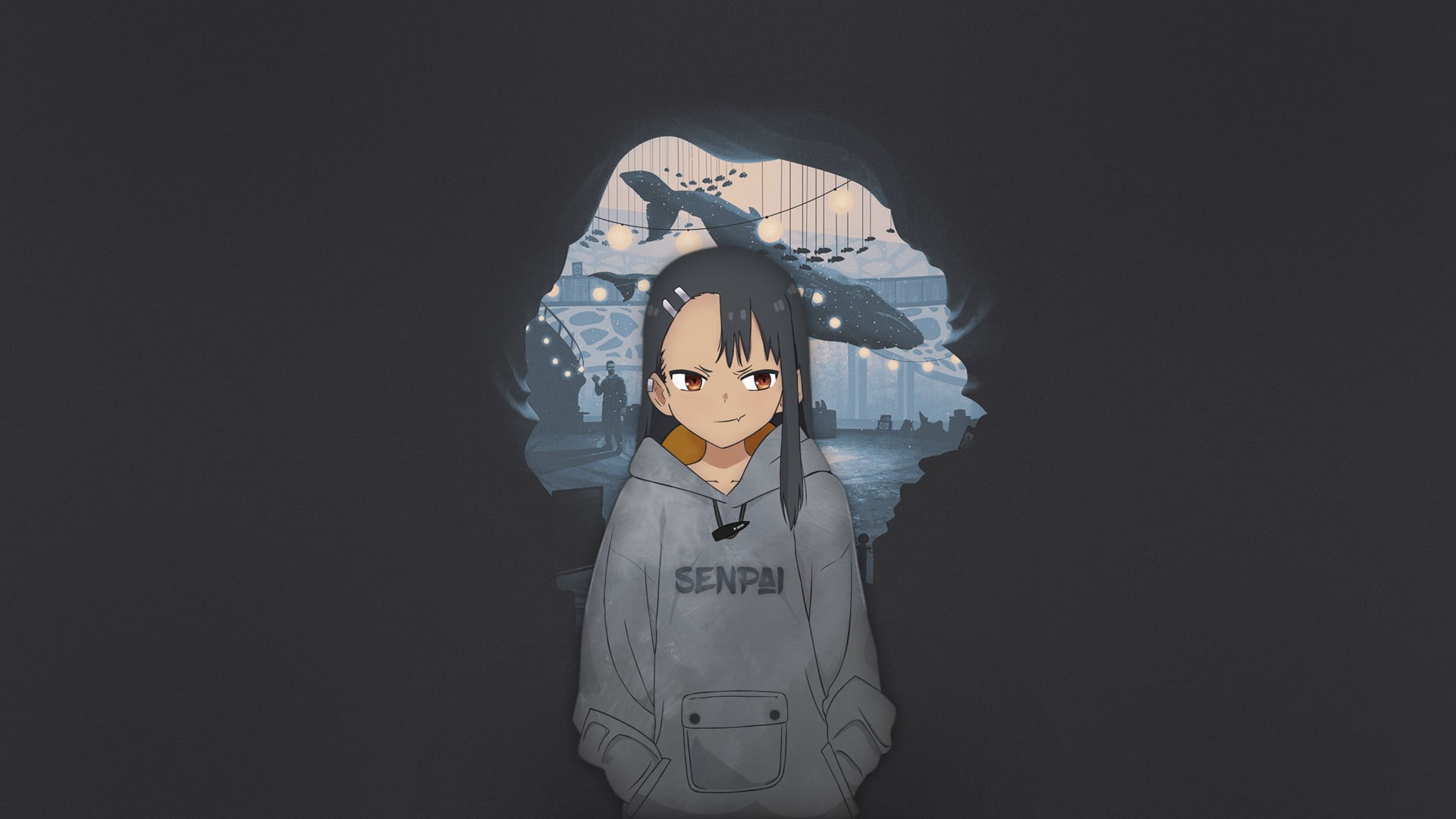 monochrome, minimalism, ijiranaide nagatoro-san, manga, illustration, 1080P, texture, Nagatoro Hayase, cat girl, anime, dark background, anime girls, fan, HD Wallpaper