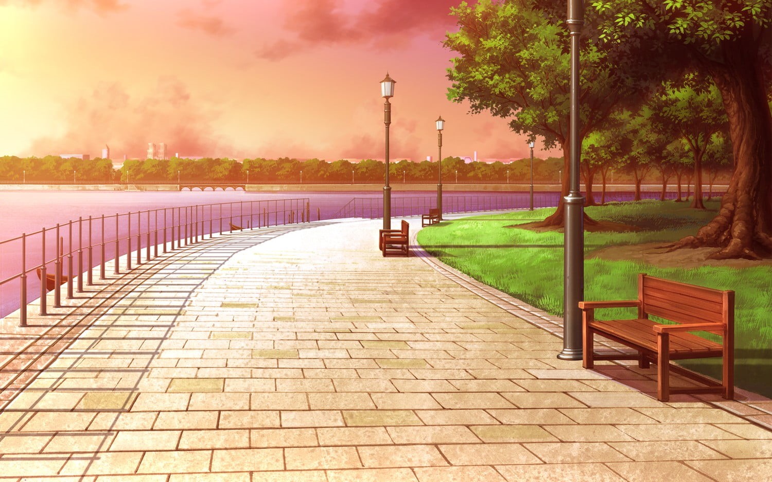 empty, street, wooden, tranquility, no people, bench, park, lamp, beside, post, outdoors, nature, architecture, city, sky, trees, near, brown, water, lighting equipment, HD Wallpaper