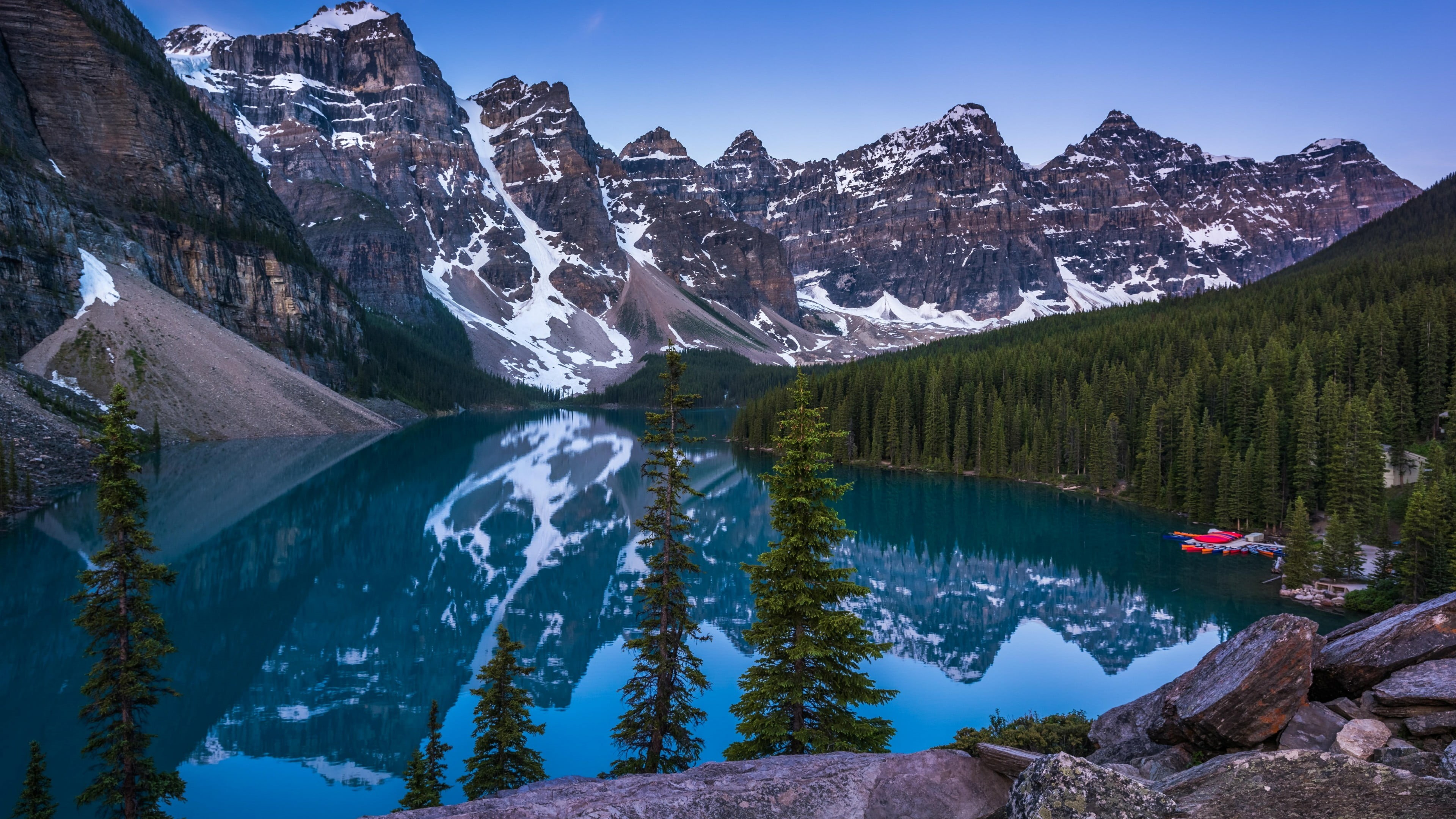 outdoors, 4K, winter, plant, sky, wilderness, canada, nature, environment, lake, water, north america, national park, beauty in nature, pine tree, snow, HD Wallpaper