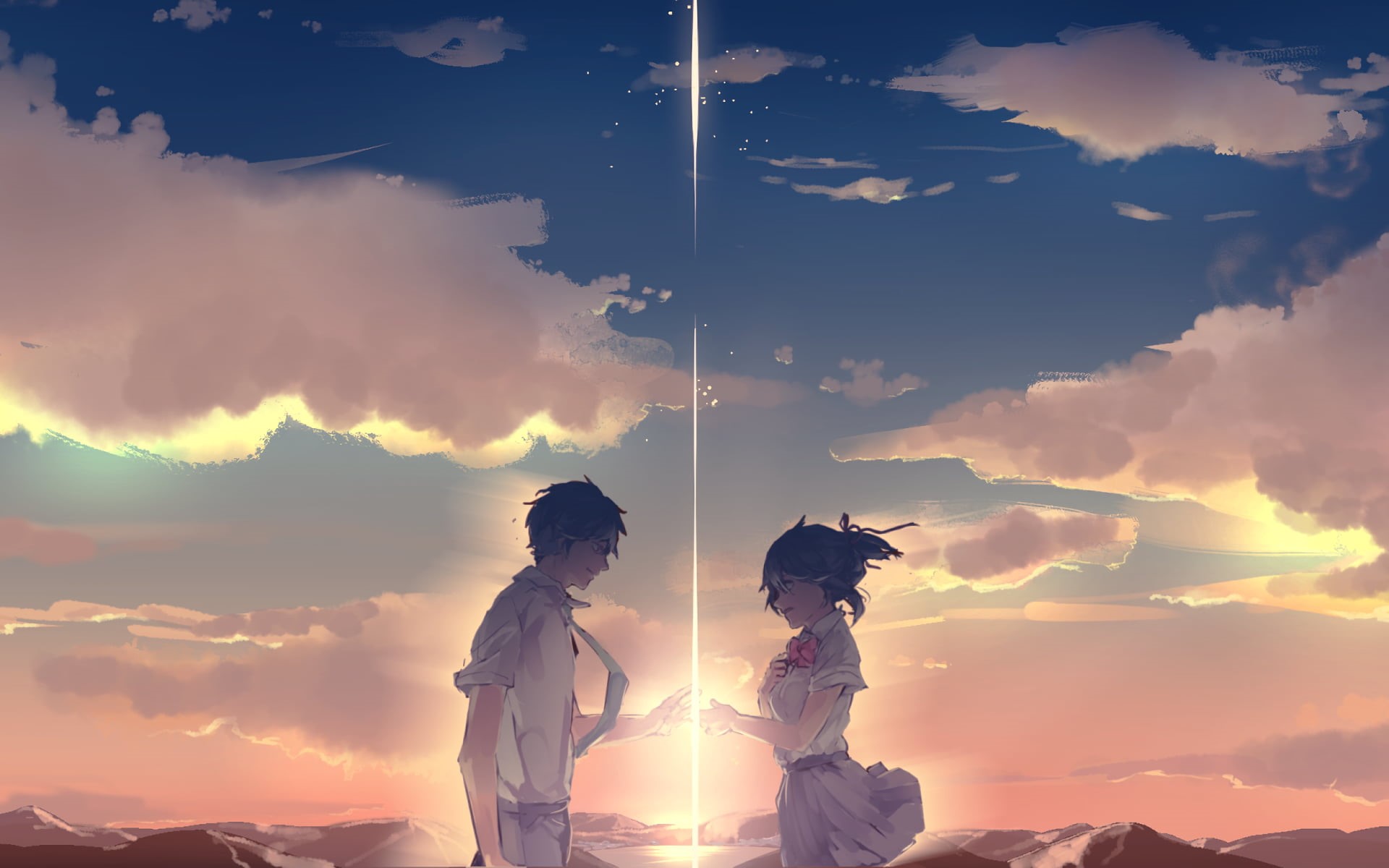 outdoors, three quarter length, photographer, nawa, sky, Kimi no Na Wa, digital composite, tranquility, scenics - nature, lifestyles, adult, togetherness, HD Wallpaper