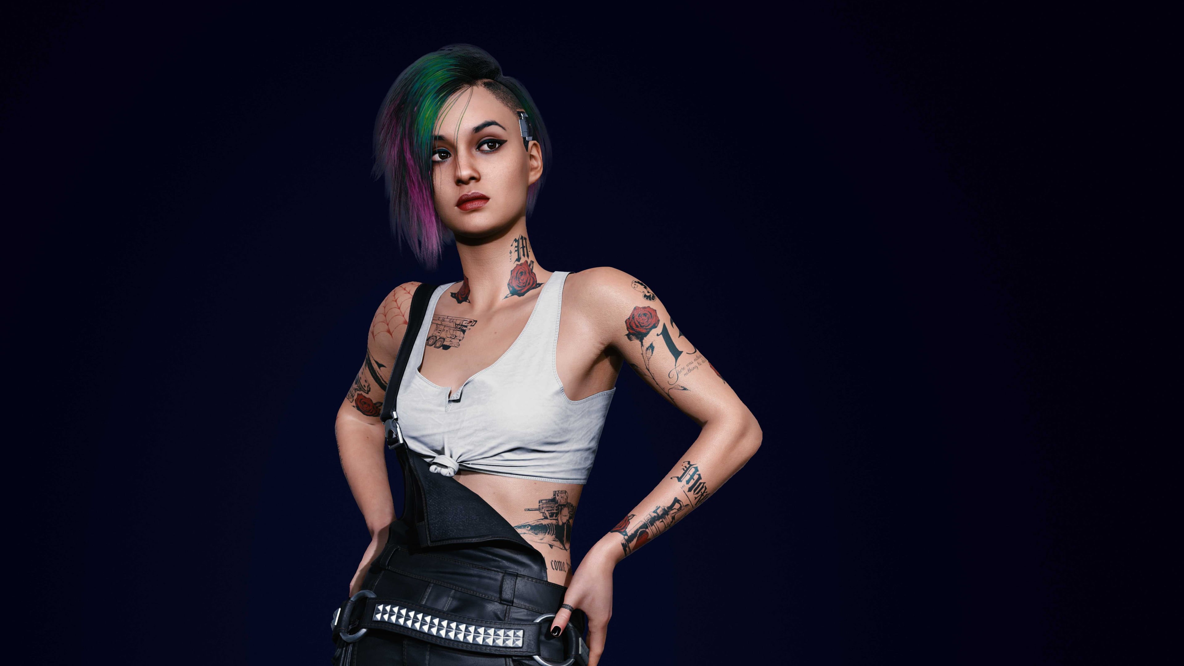 4K, women, Cyberpunk 2077, tattoo, HD Wallpaper