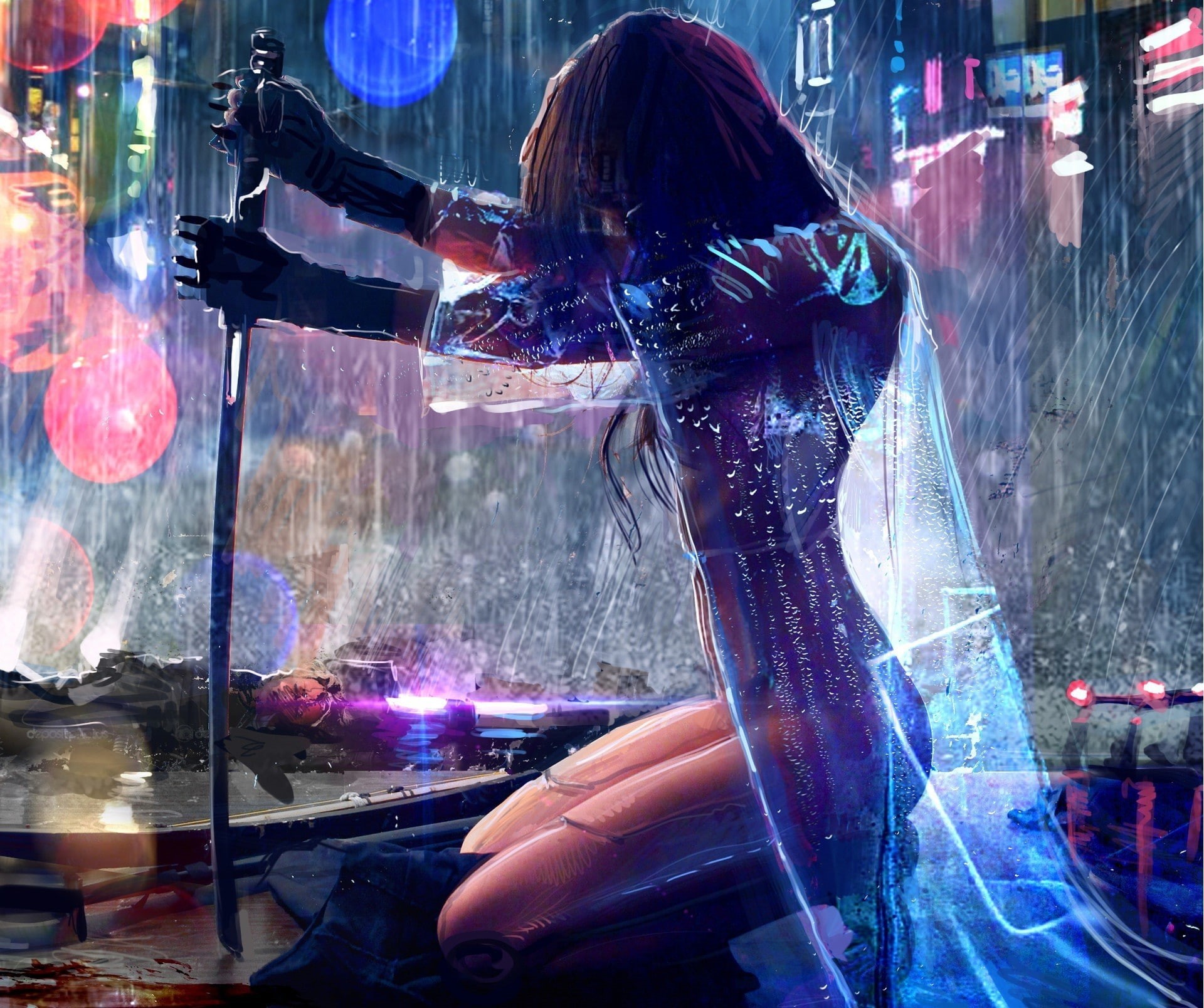 cyberpunk, sword, artwork, women, warrior, rain, 1080P, Cyberpunk 2077, HD Wallpaper