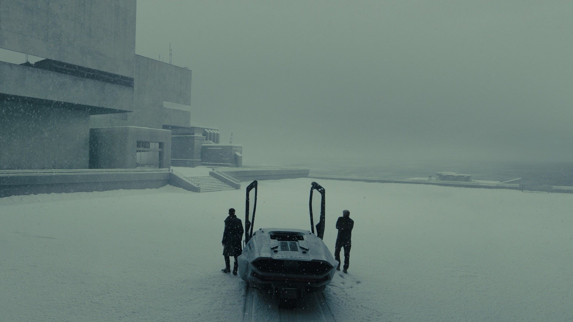 water, futuristic, men, coupe, nature, 1080P, outdoors, snow, snowing, Harrison Ford, snowcapped mountain, waterfront, Ryan Gosling, Blade Runner 2049, HD Wallpaper
