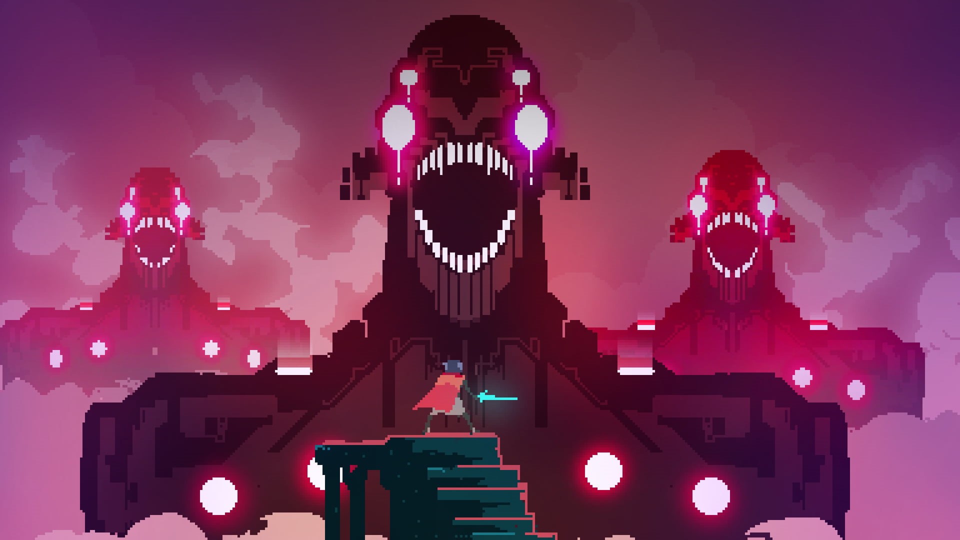 male likeness, art and craft, creature, night, game, silhouette, red, female likeness, sculpture, character, Hyper Light Drifter, illuminated, architecture, HD Wallpaper