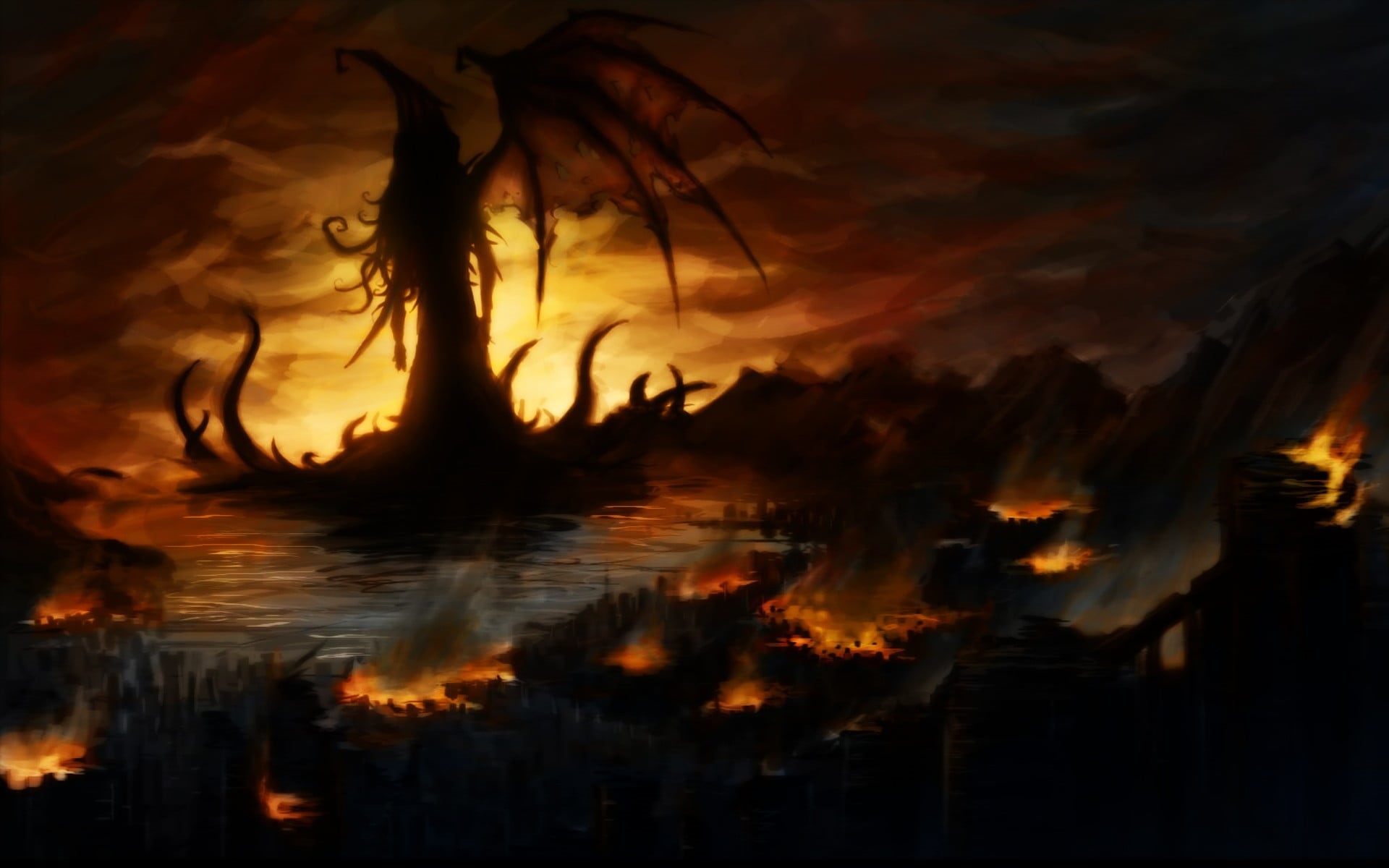horror, artwork, tranquil scene, no people, power in nature, reflection, dragon, sunset, H. P. Lovecraft, orange color, creature, plant, heat - temperature, HD Wallpaper