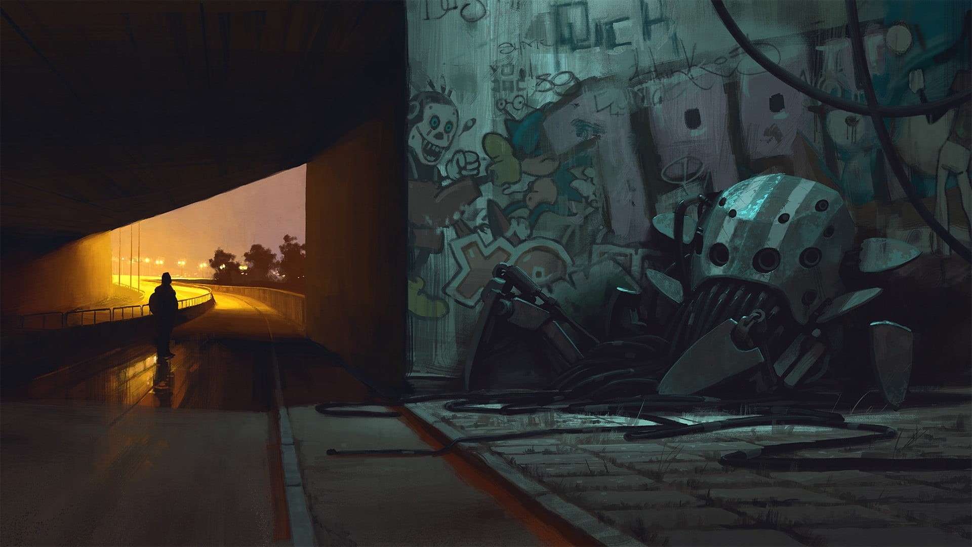 night, graffiti, leisure activity, 1080P, street art, indoors, cyberpunk, wall - building feature, futuristic, art and craft, creativity, men, Simon Stålenhag, HD Wallpaper