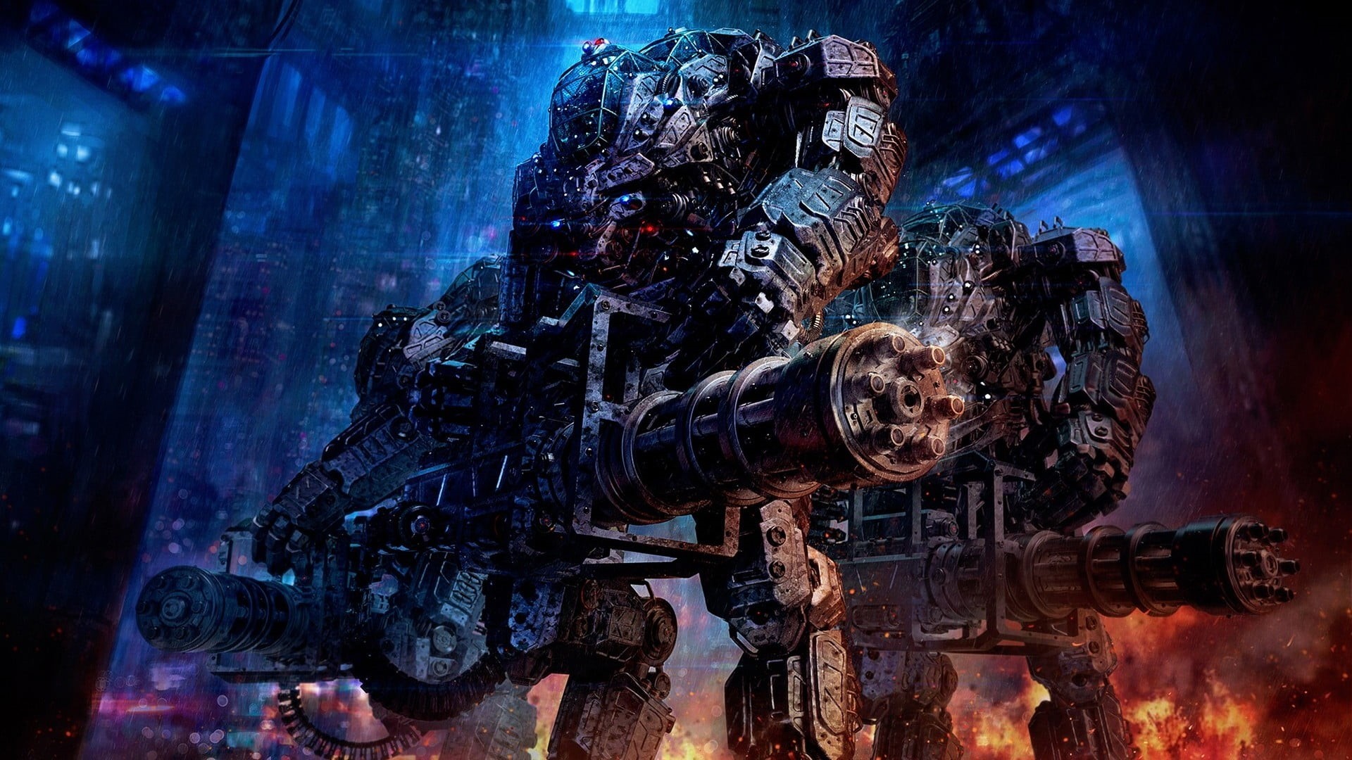 artwork, digital art, futuristic, steel, factory, mech, blue, building, equipment, robot, machinery, connection, weapon, war, metal, machine gun, outdoors, HD Wallpaper