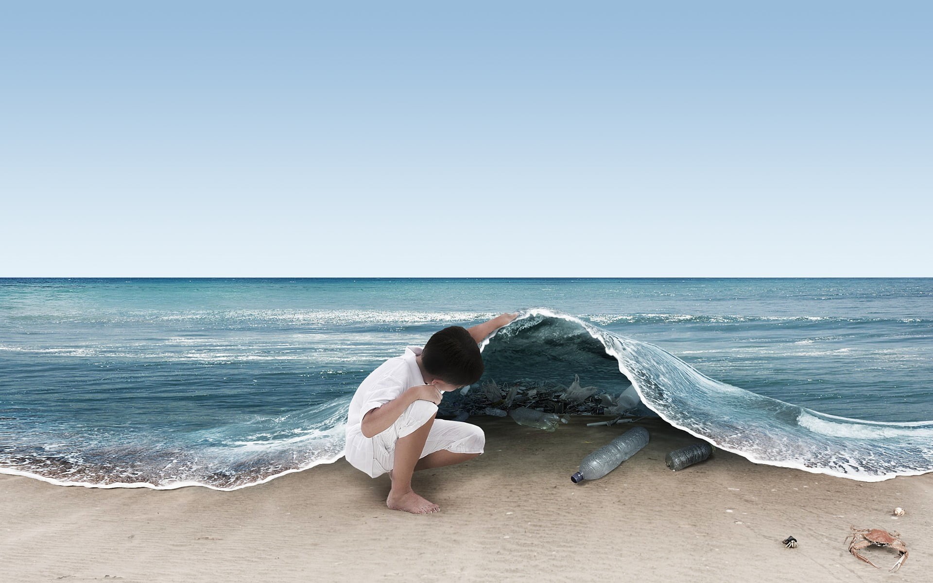 water, sea, boy, shirt, wave, beach, 1080P, environment, clear sky, bottles, leisure activity, land, nature, one person, full length, scenics - nature, HD Wallpaper