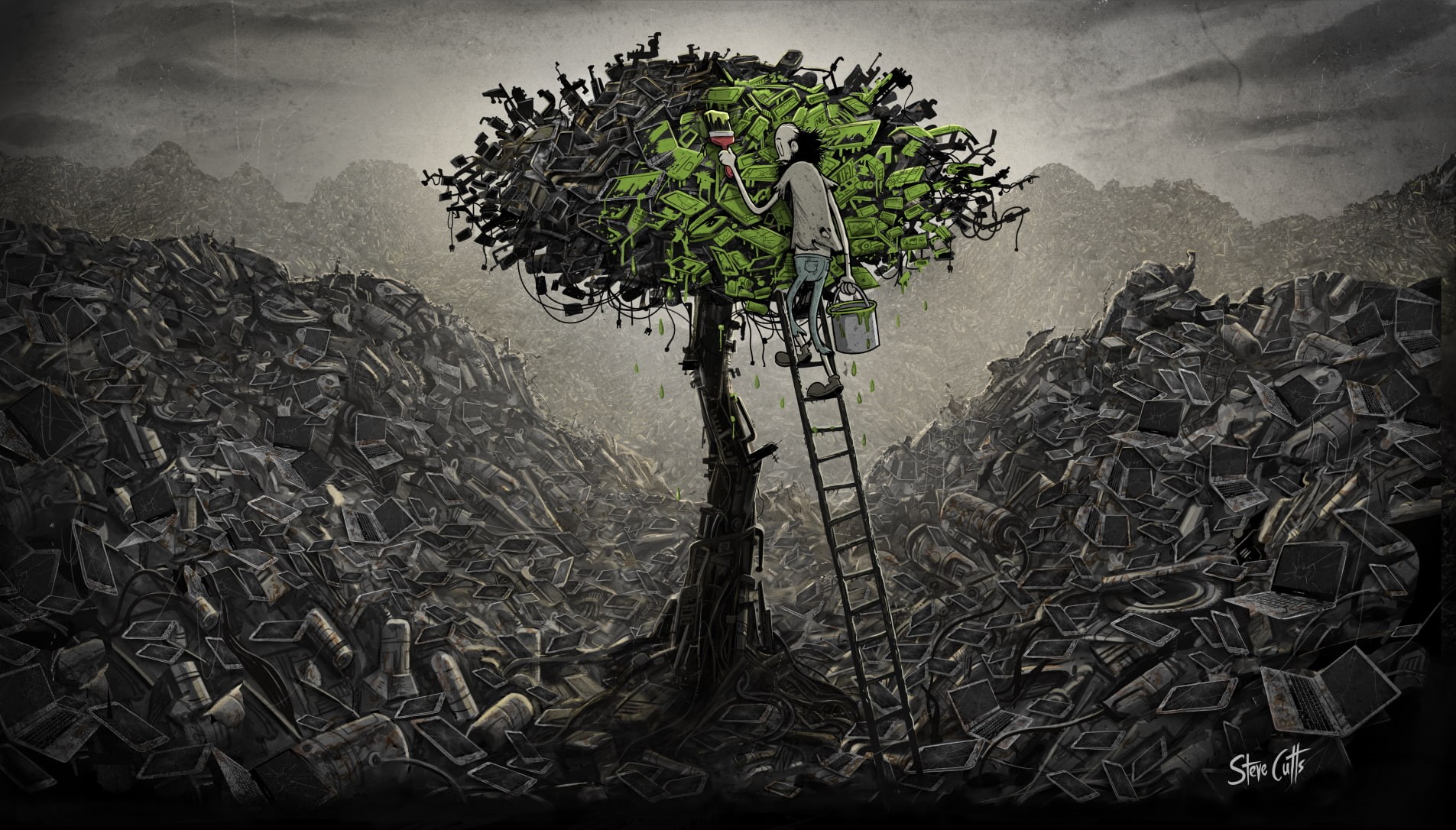 tablet, drawing, environment, Steve Cutts, 720P, trees, HD Wallpaper