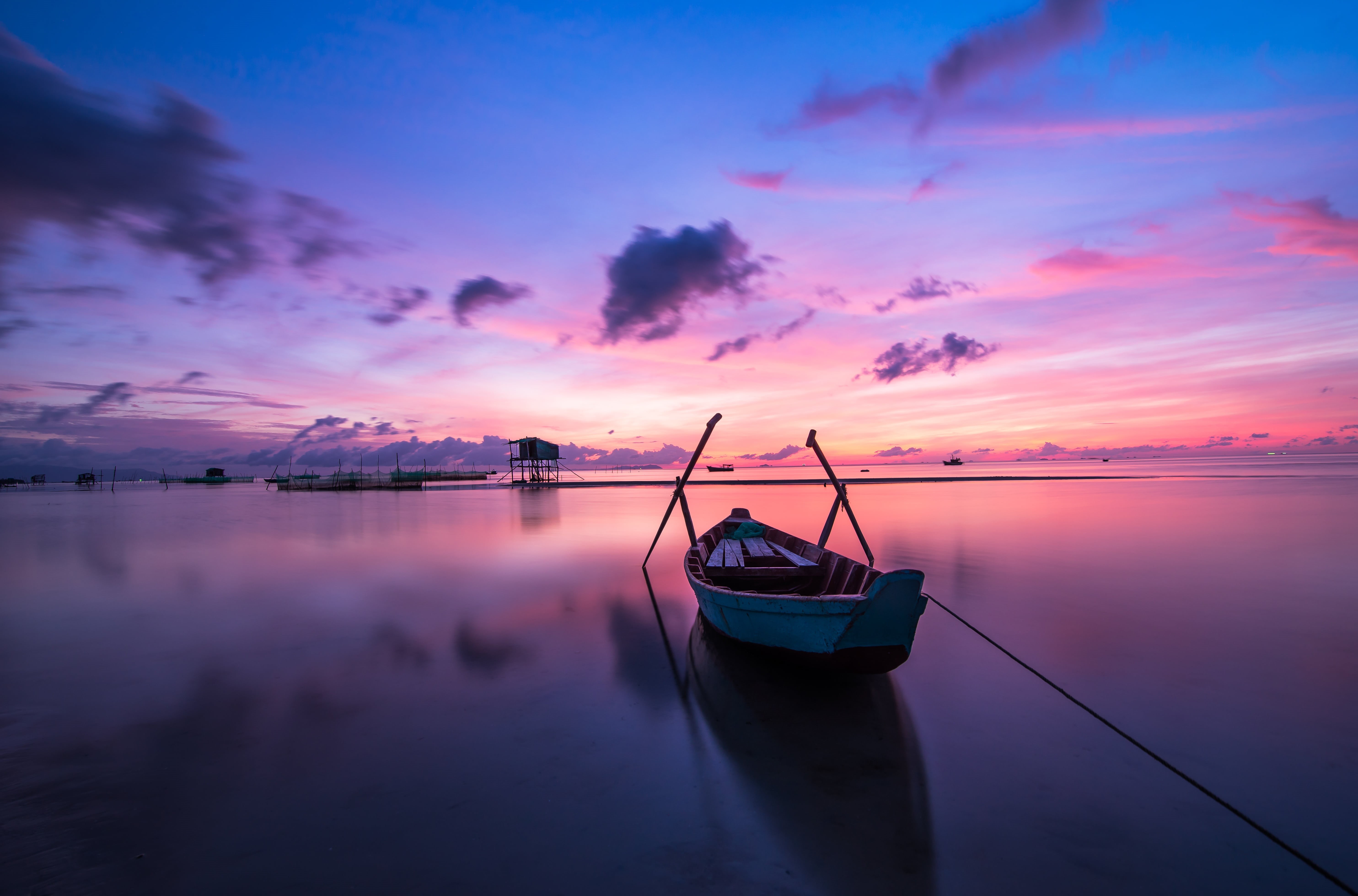 quoc, orange, red, dawn, tourism, canoe, blue, sunset, morning, tranquil scene, light, seascape, reflection, sun, scenics - nature, summer, beach, colorful, HD Wallpaper