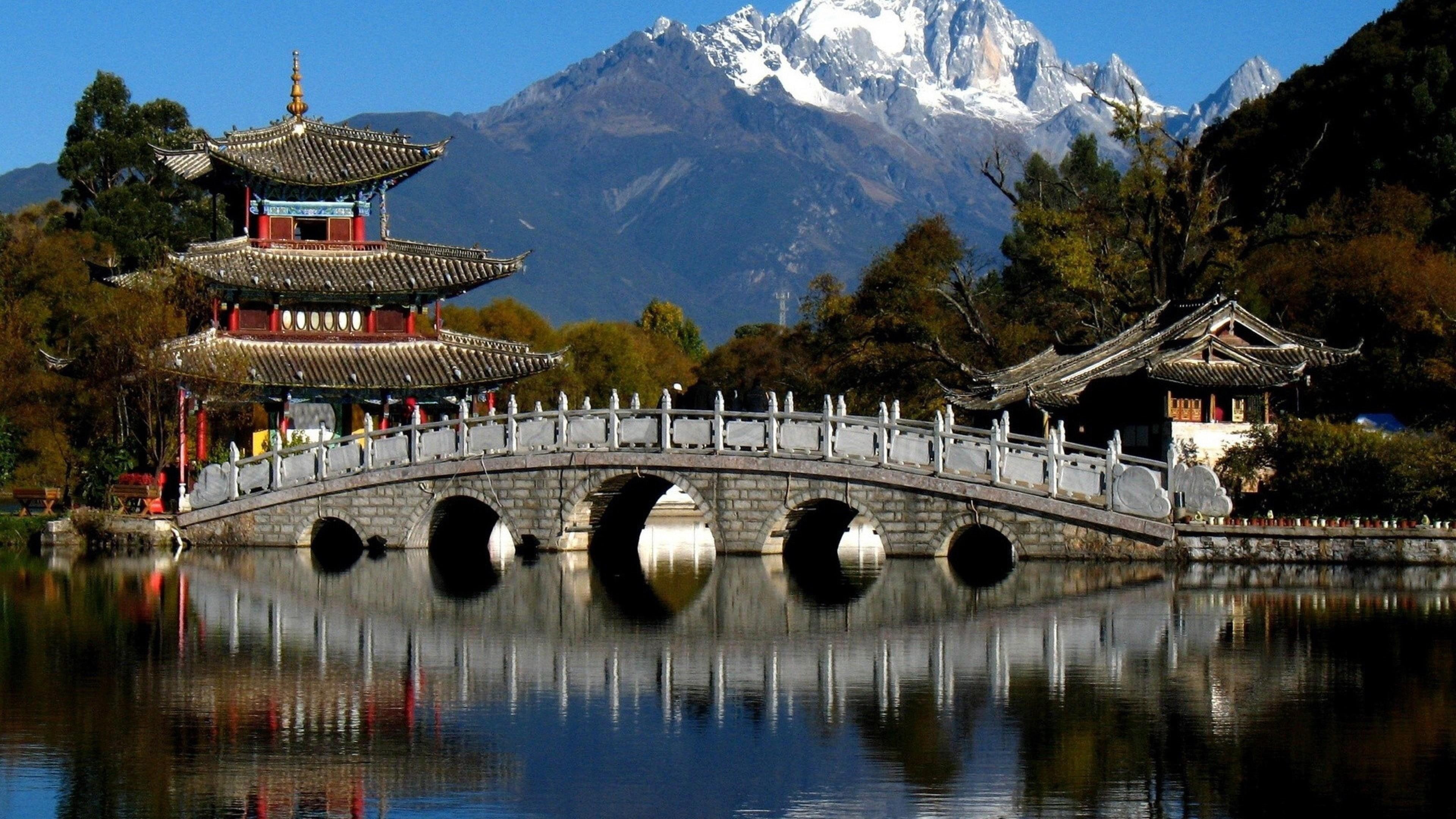 reflection, landmark, sky, park, asia, tourist attraction, 4K, lijiang, china, japanese architecture, pagoda, plant, tourism, nature, tree, mount scenery, HD Wallpaper