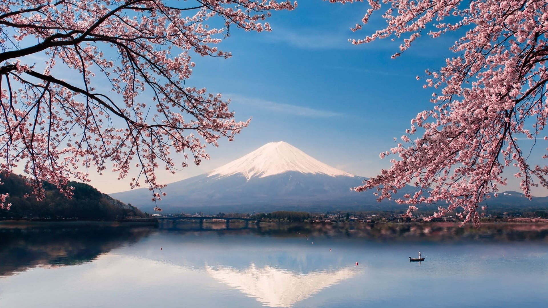 sky, japan, outdoors, beauty in nature, snowcapped mountain, tranquil scene, scenics - nature, water, springtime, cherry blossom, mountain, idyllic, lake, HD Wallpaper