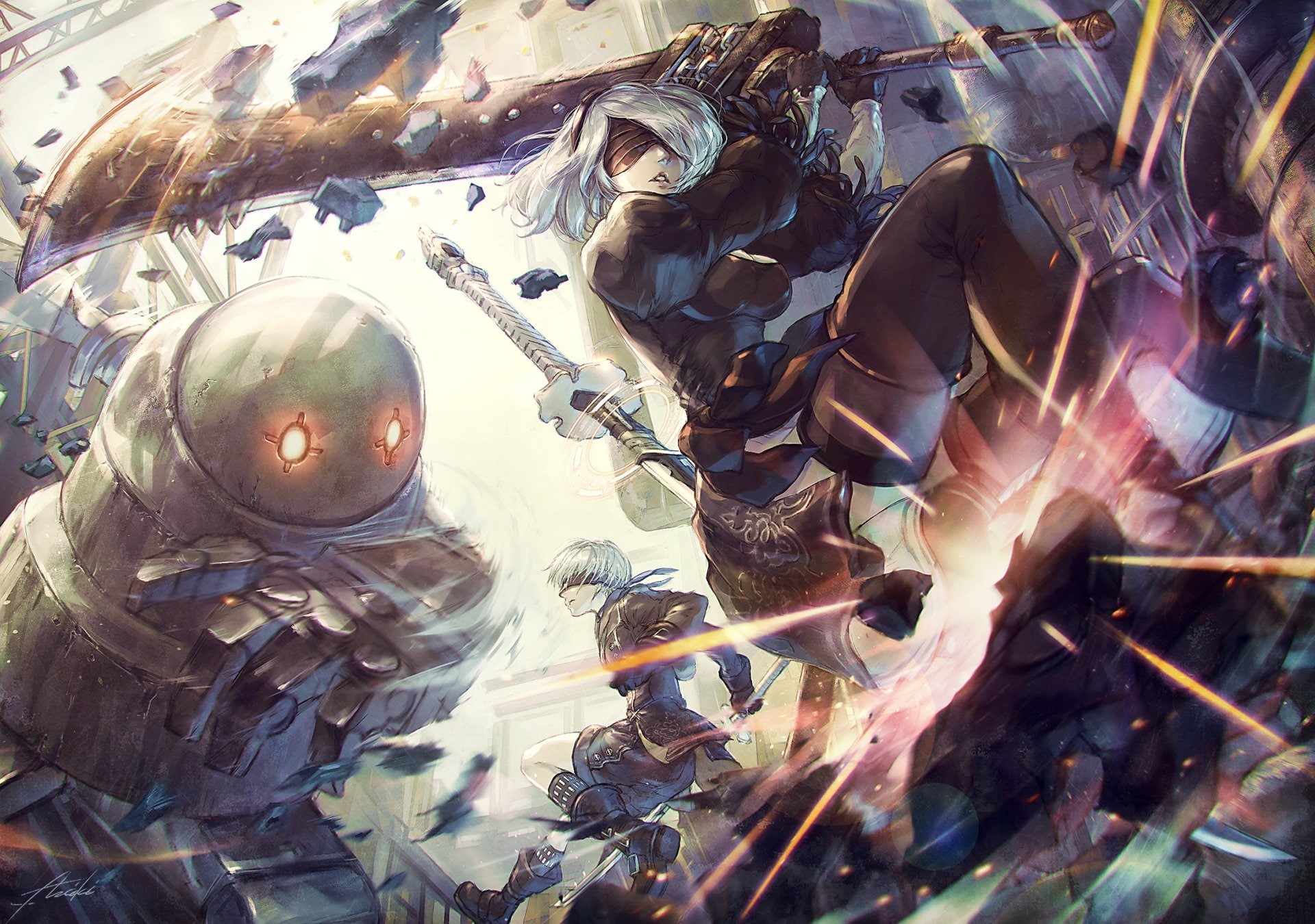 Katana, Thigh Boots, YoRHa No.2 Type B, Girl, Thigh Highs, Glow, NieR: Automata, Black Dress, Glove, Boots, Boy, Dress, Video Game, Red Eyes, Glowing Eyes, HD Wallpaper