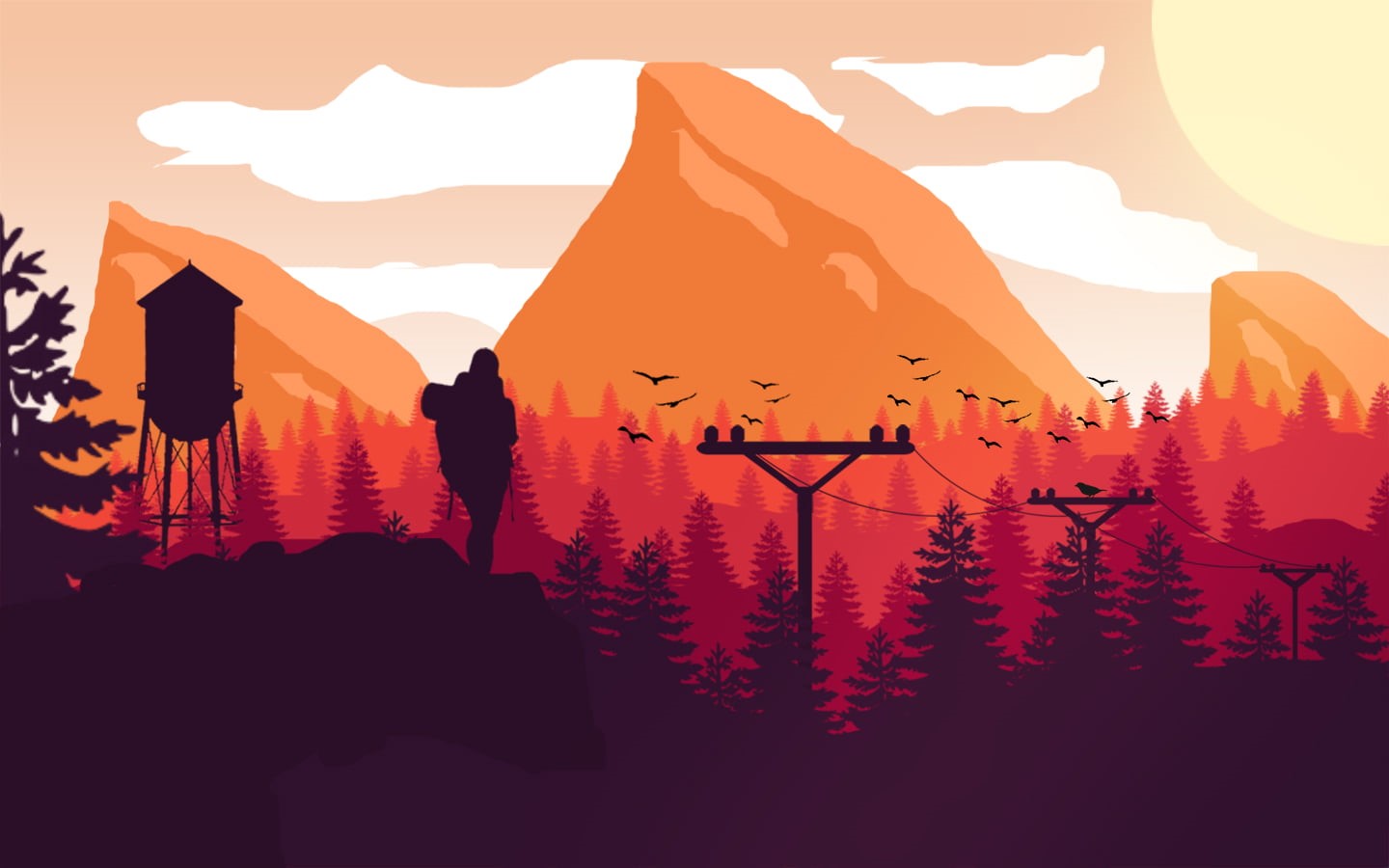 mountains, Firewatch, landscape, hiking, minimalism, 720P, HD Wallpaper