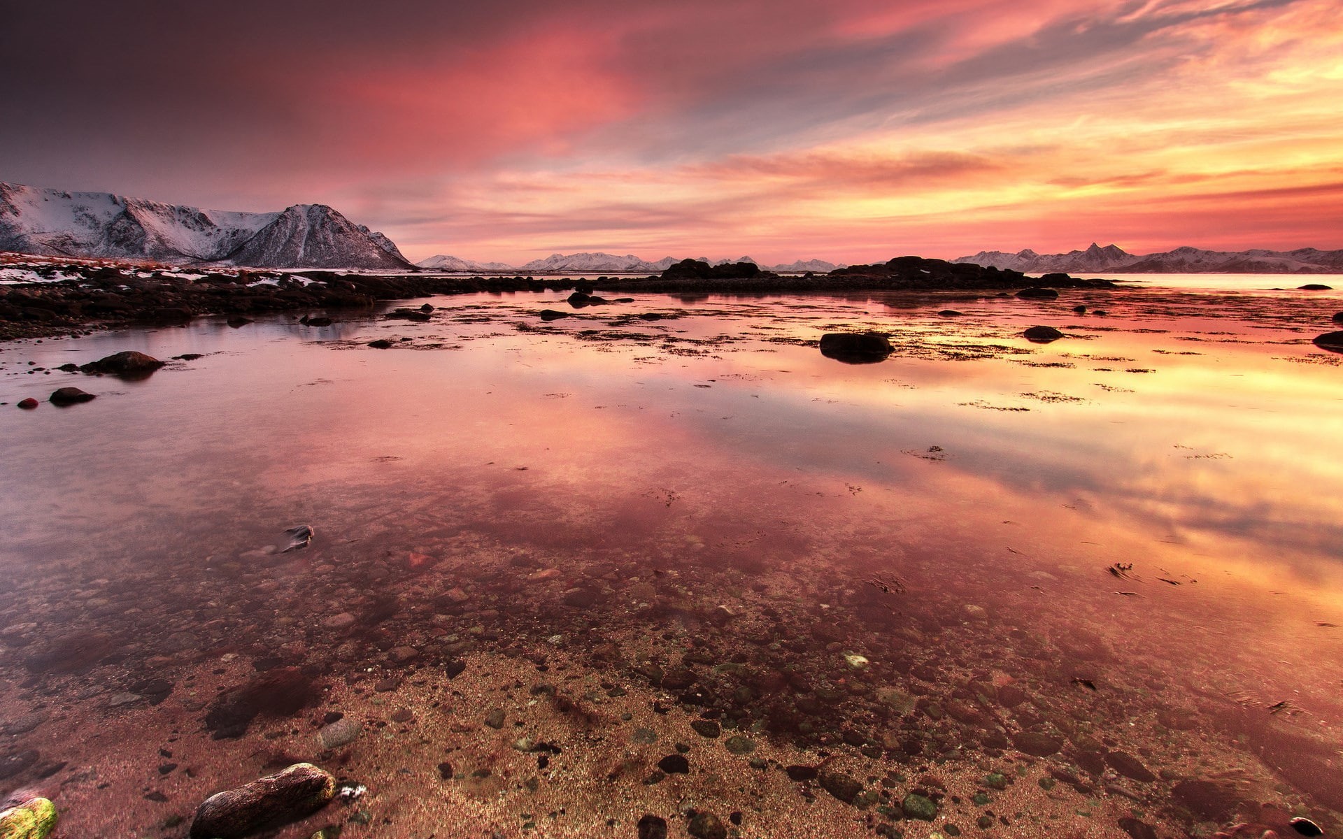 mountain, cloud - sky, rock, scenics - nature, water, rock - object, no people, sky, dramatic sky, sunset, laptop backgrounds nature images 1920x1200, lagoon, HD Wallpaper