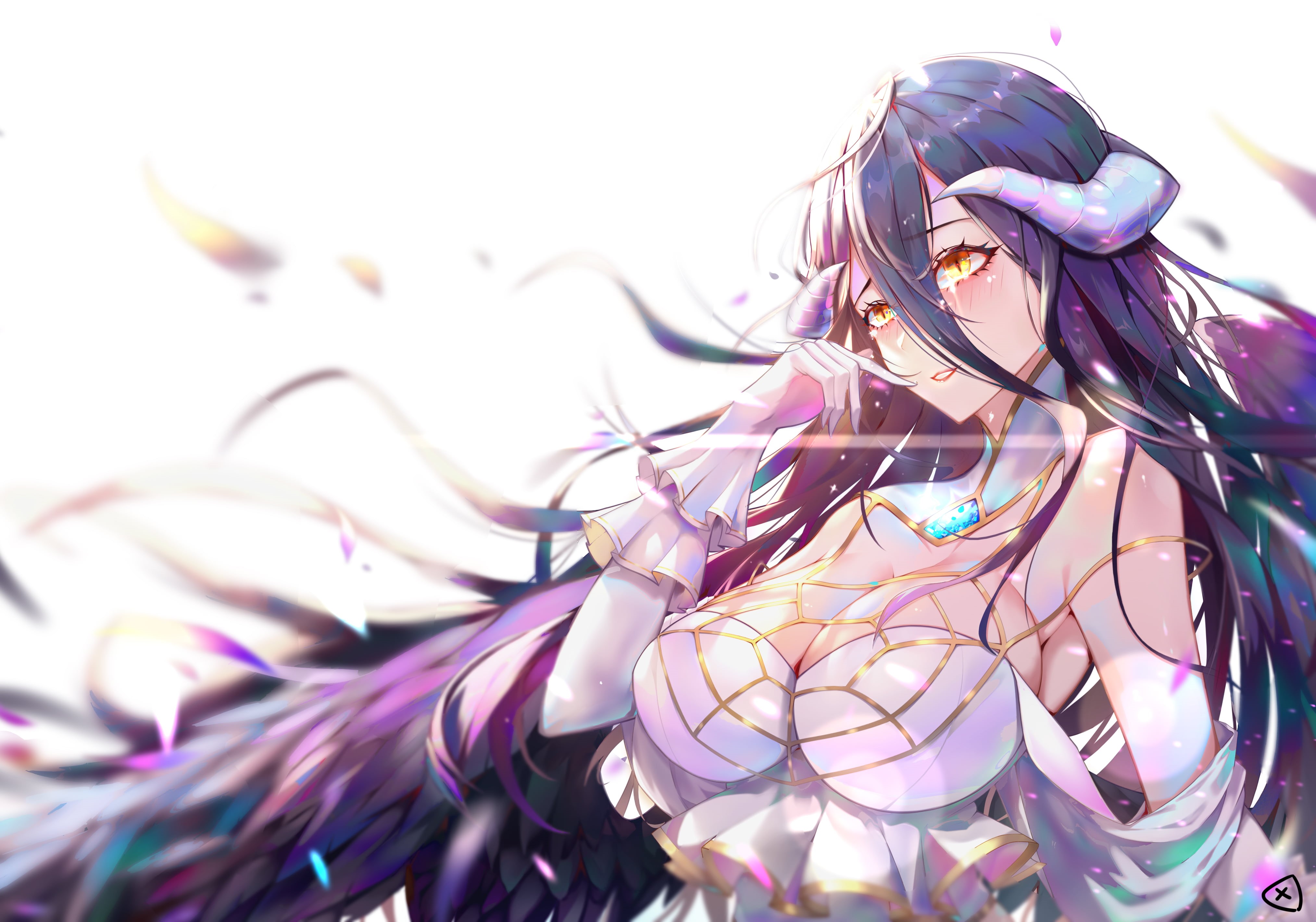 tears, long hair, looking at viewer, dress, gloves, 4K, blushing, Pixiv, horns, anime, cleavage, fantasy girl, fan art, succubus, Albedo (OverLord), 2D, HD Wallpaper