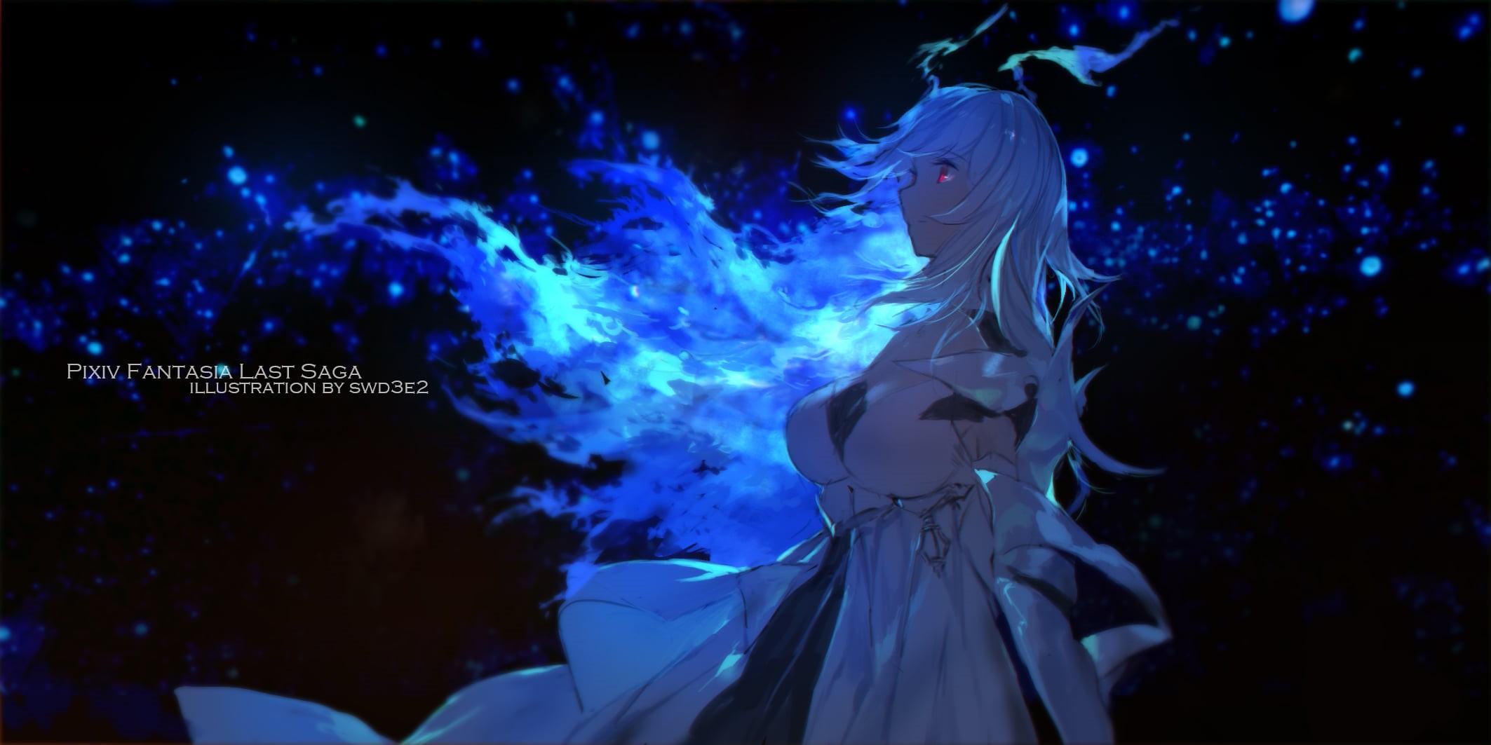 Pixiv Fantasia, 1080P, illustration, profile, anime, 2D, swd3e2, anime girls, fan art, long hair, fantasy girl, fantasy art, artwork, white hair, looking away, HD Wallpaper