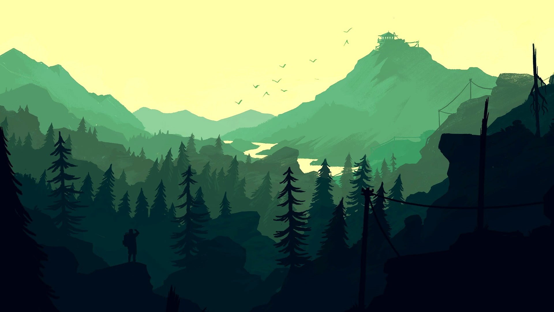 beauty in nature, nature, illustration, green color, architecture, forest, mountain peak, Firewatch, environment, landscape, building exterior, tranquil scene, HD Wallpaper