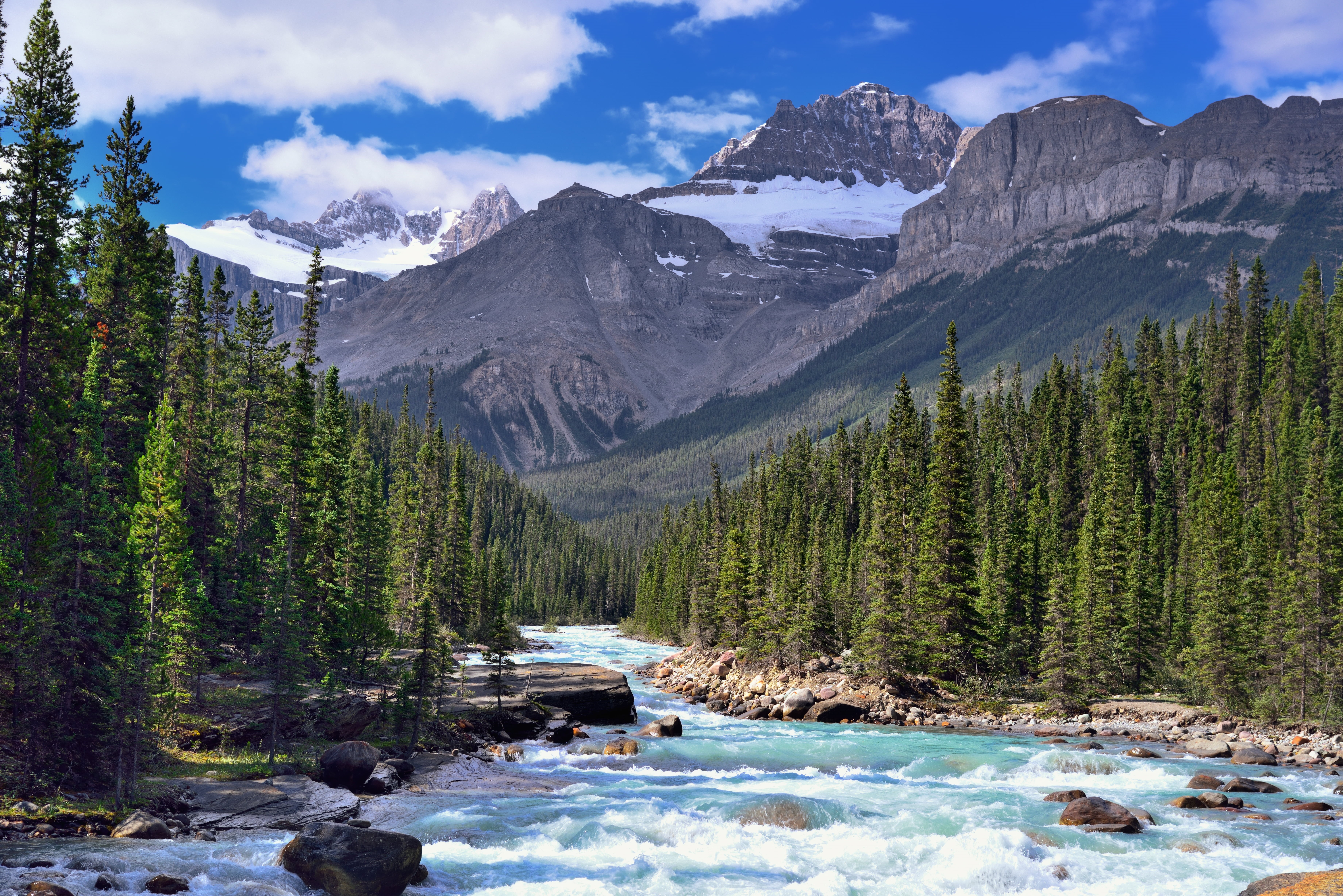 Pro  Day, Mount Sarbach, Icefields Parkway, Mistaya River, beside, Backdrop, snowy mountain, outdoors, SSW, Canadian Rockies, Rapids, national, Canvas, HD Wallpaper
