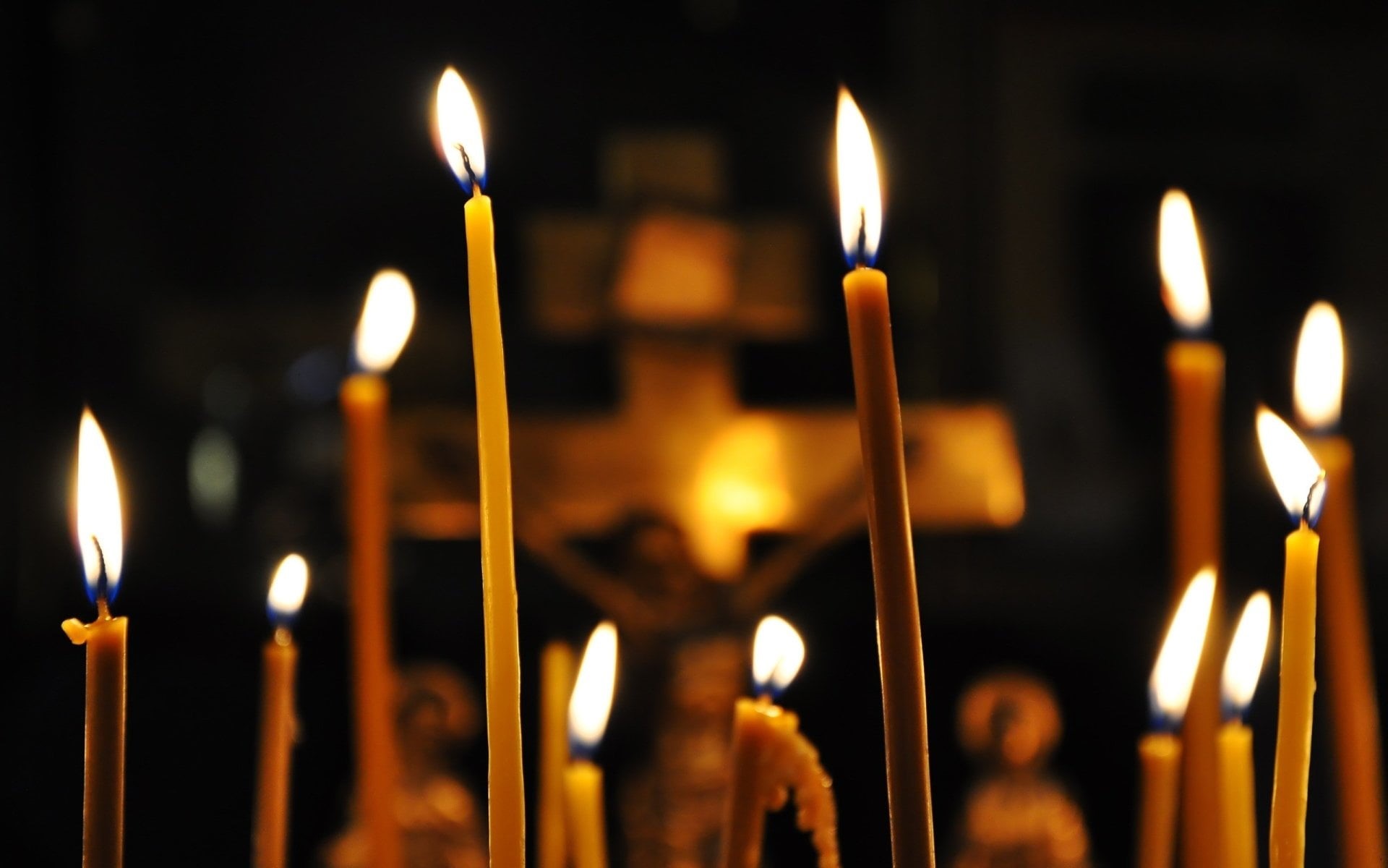 belief, yellow, glowing, melting, Religious, heat - temperature, 1080P, close-up, candlesticks, Jesus, burning, fire - natural phenomenon, built structure, HD Wallpaper