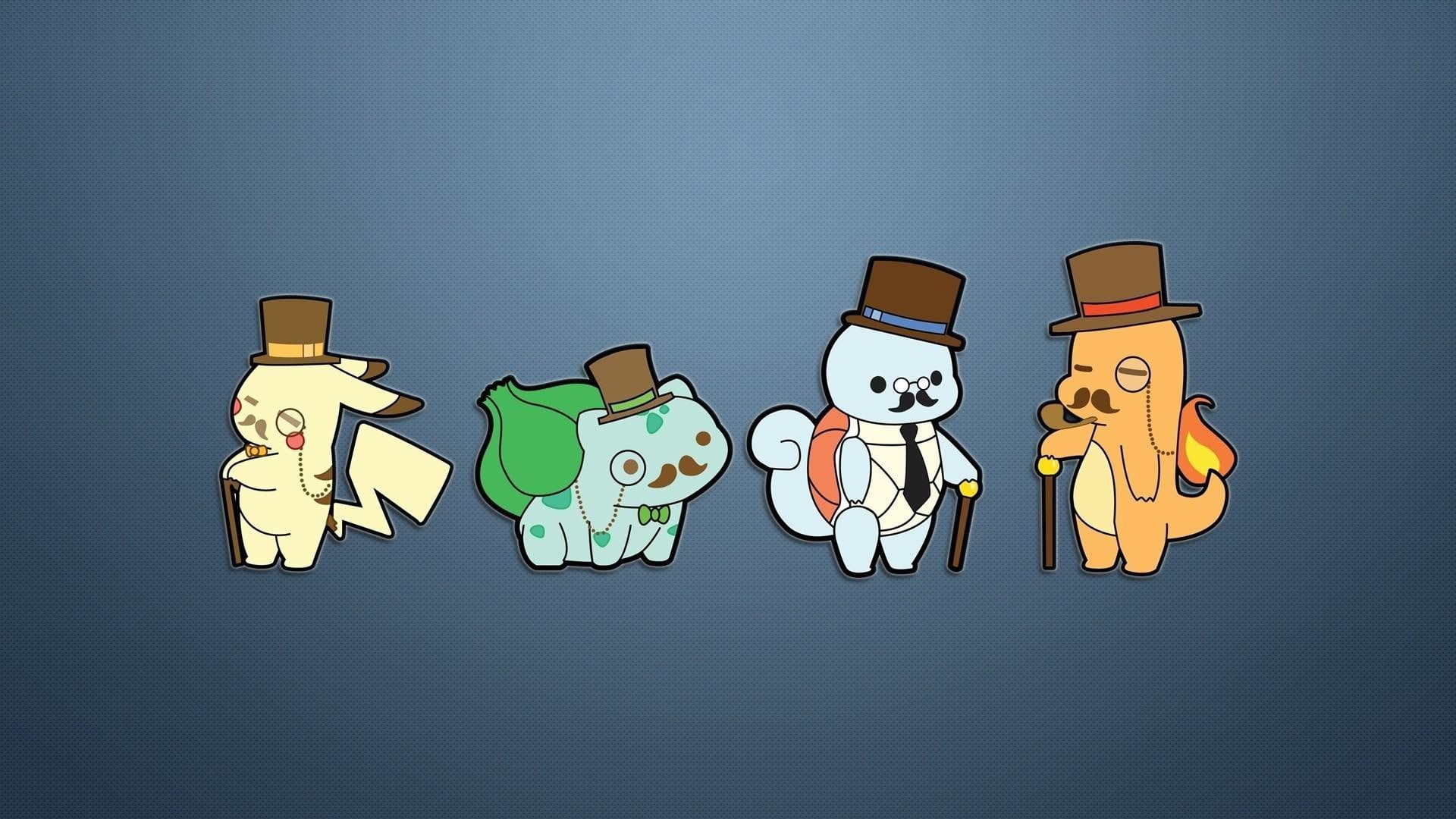 pikachu, pokemon, charmander, gentleman, funny, characters, 1080P, bulbasaur, 1920x1080, squirtle, HD Wallpaper