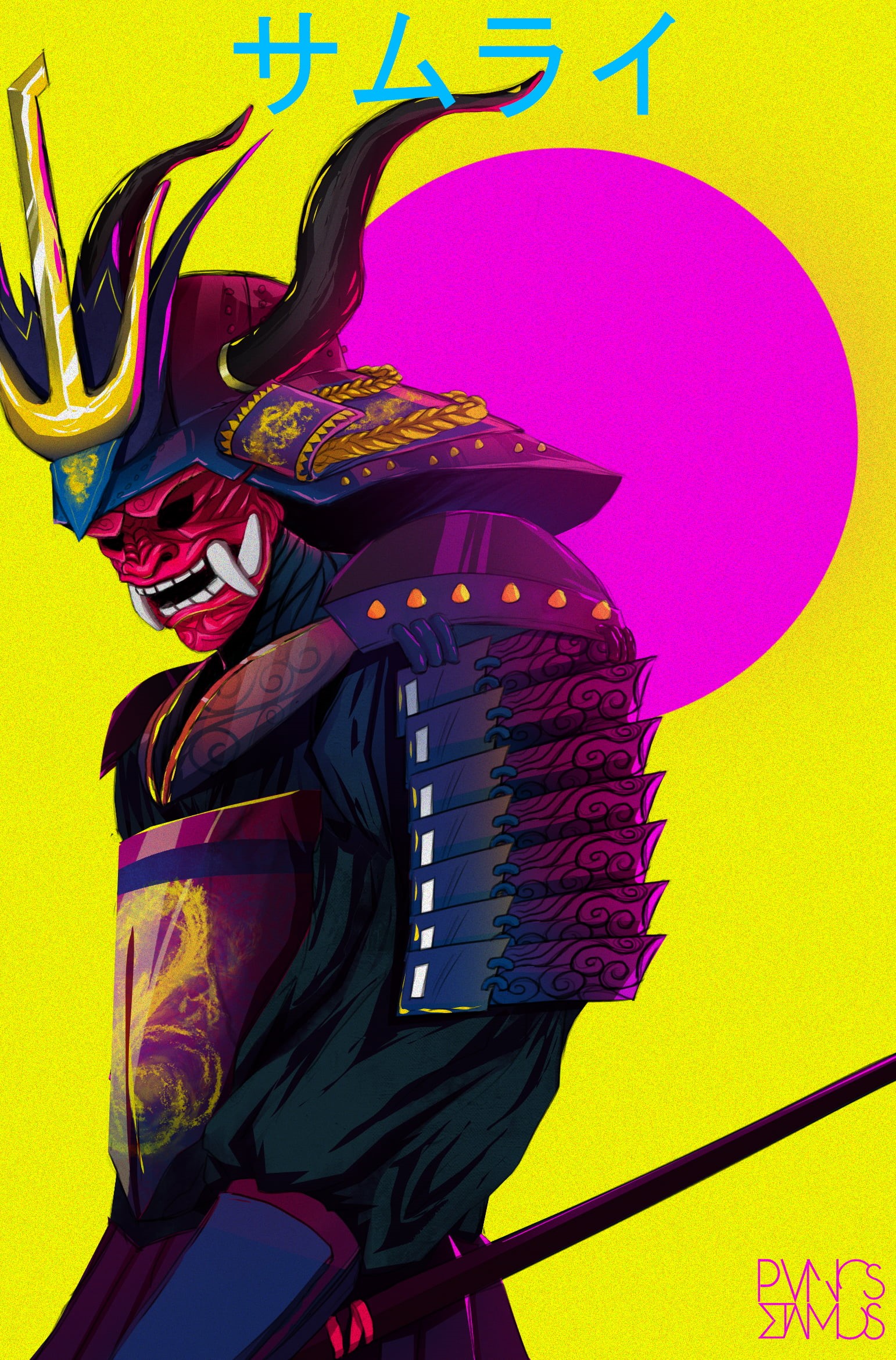 anime, futuristic, artwork, aestethic, samurai, demon, yellow, digital art, Japanese Art, 1080P, Japan, painting, pink, paint brushes, Phone HD Wallpaper