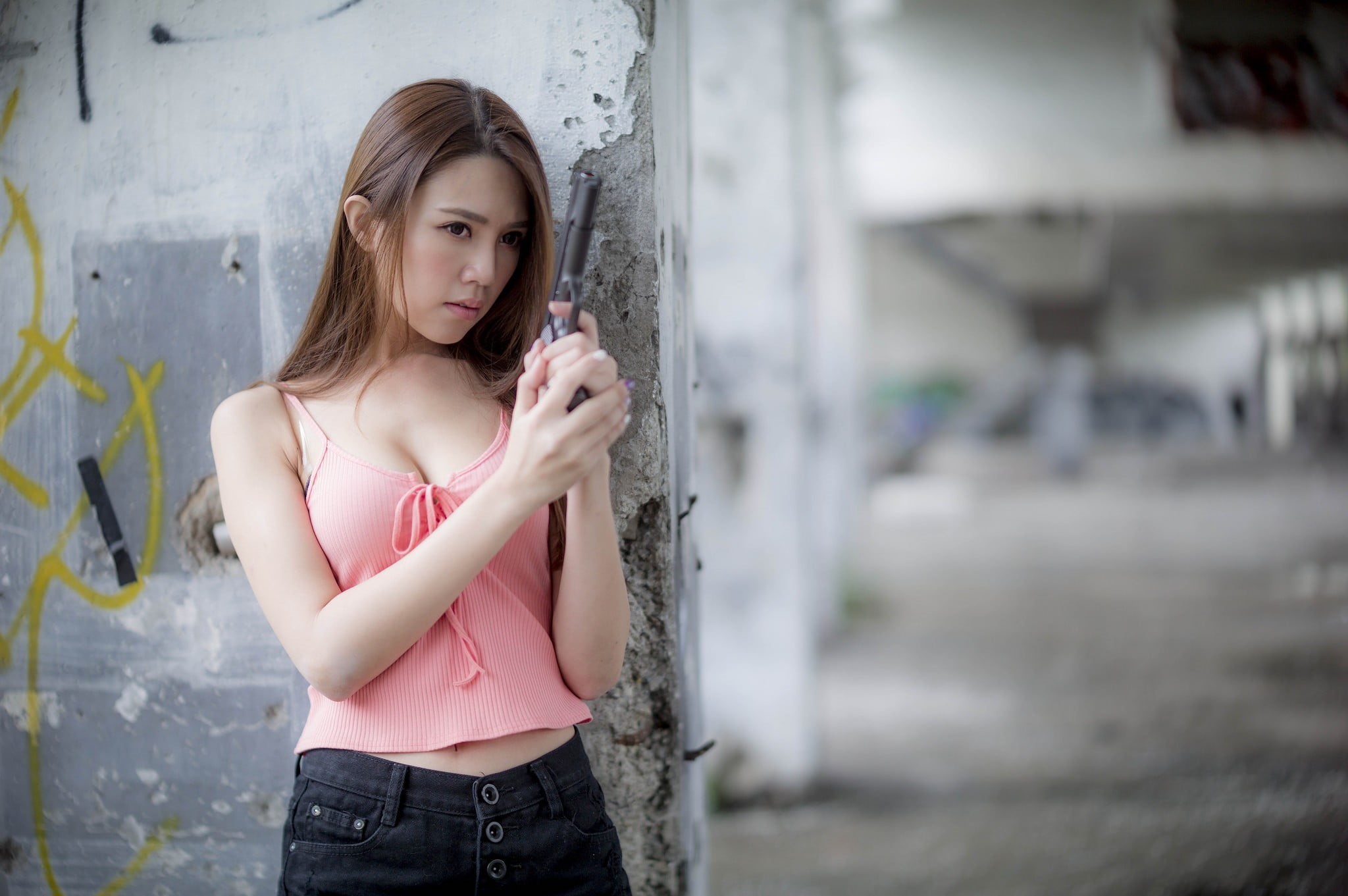 front view, portrait, three quarter length, casual clothing, holding, young adult, girls with guns, one person, looking, Asian, beautiful woman, camisole, HD Wallpaper