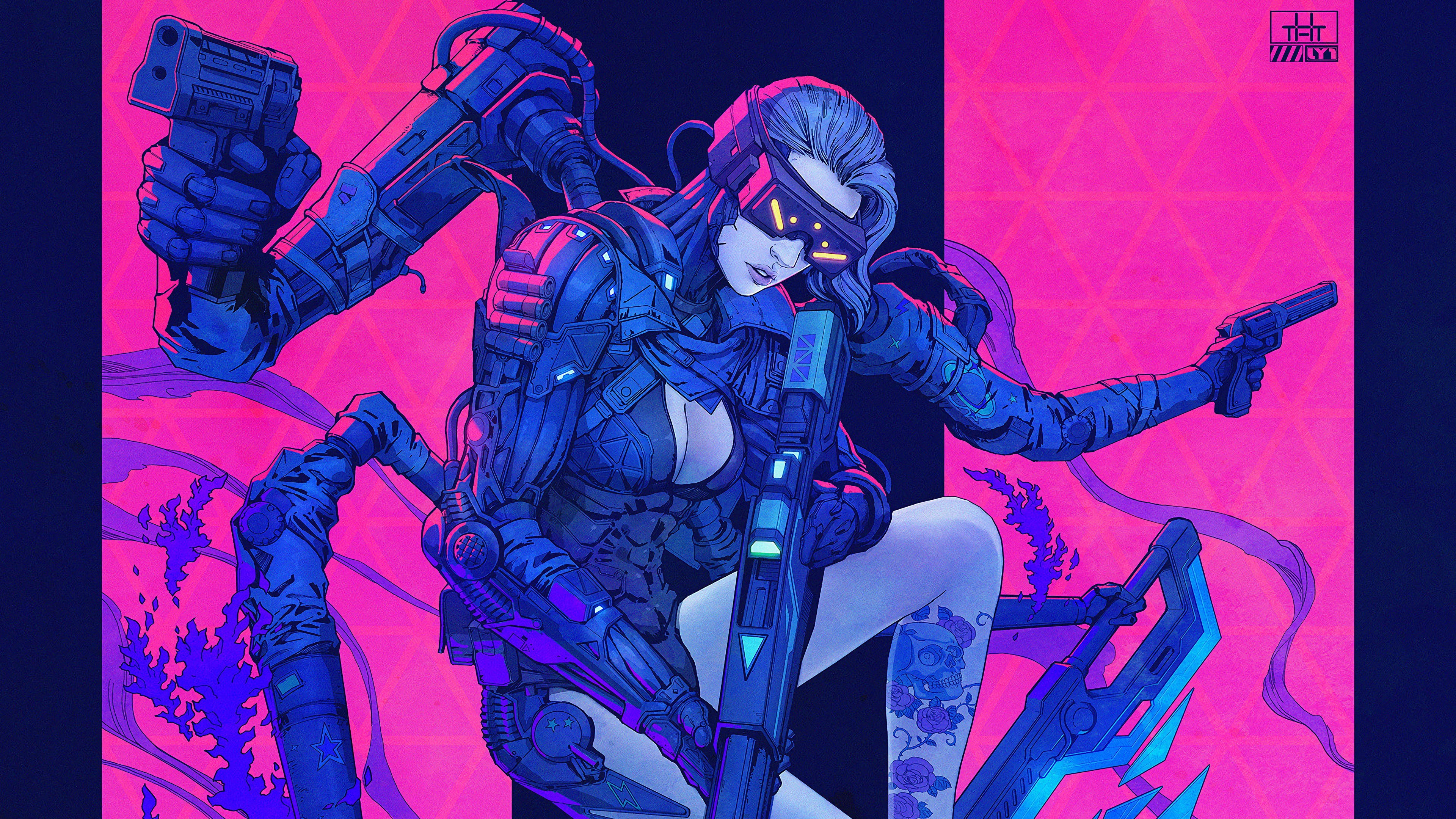 digital, futuristic, cyborg, digital art, fantasy girl, science fiction, cyberpunk, gun, 4K, armor, weapon, concept art, cyber, neon, futuristic armor, HD Wallpaper