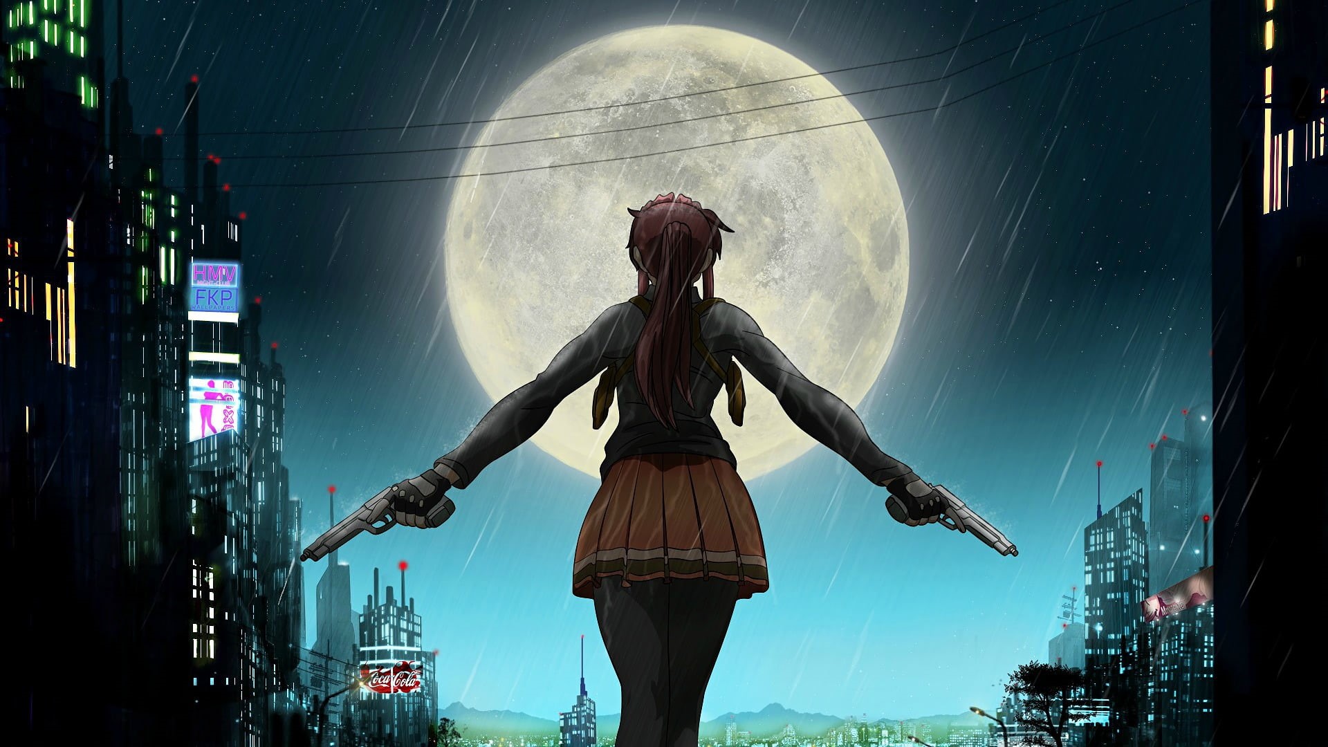 looking at view, three quarter length, incidental people, 1080P, anime, Black Lagoon, building exterior, standing, city life, Revy, real people, architecture, HD Wallpaper