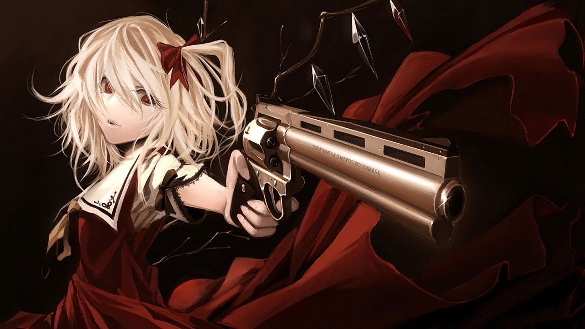 black background, Flandre Scarlet, leisure activity, females, pistol, beautiful woman, woman, lifestyles, adult, handgun, anime girls, one person, hair, HD Wallpaper