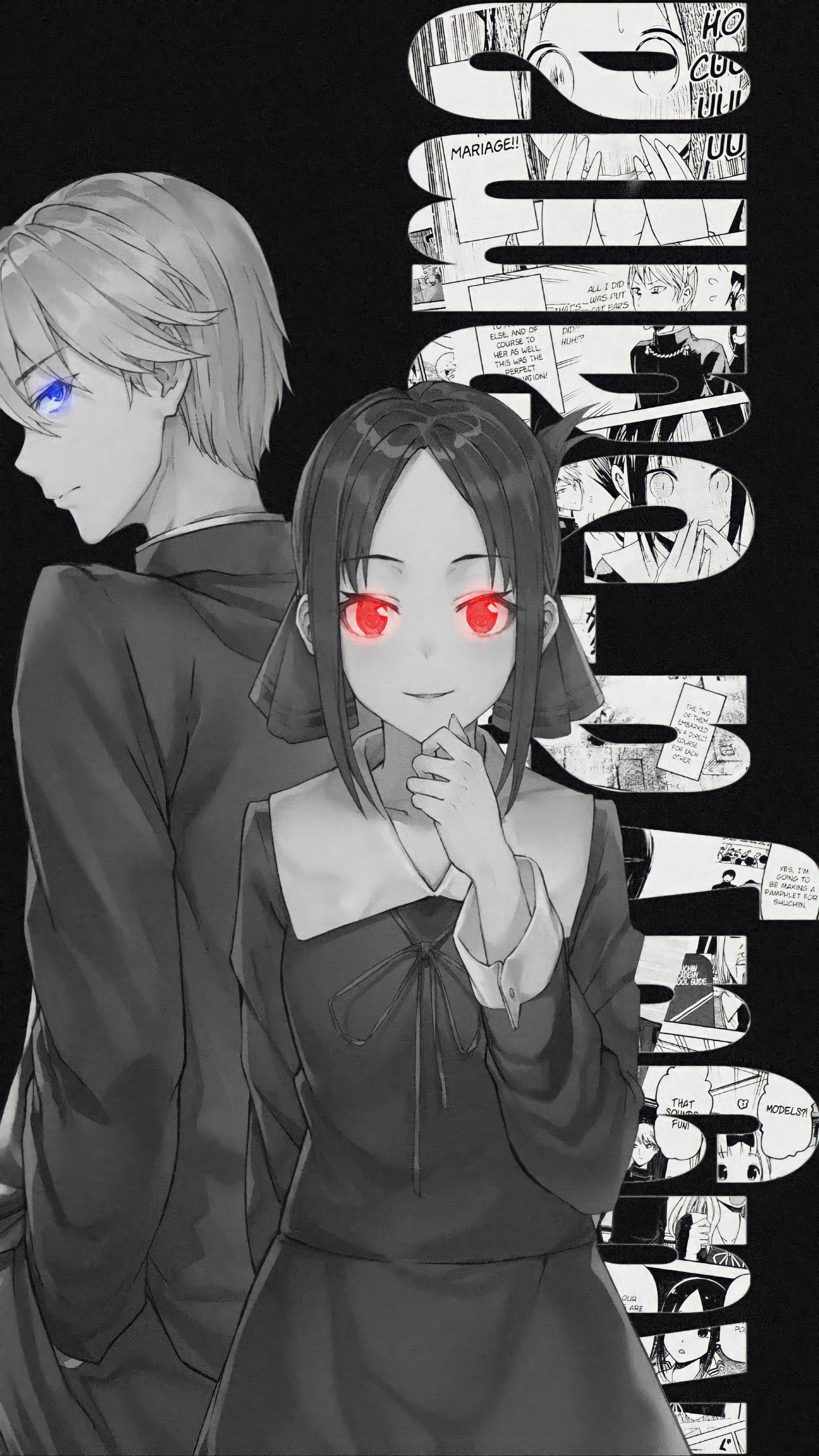 Kaguya-Sama: Love is War, Shirogane Miyuki, anime boys, Kaguya Shinomiya, anime girls, waifu2x, 4K, phone, Phone HD Wallpaper