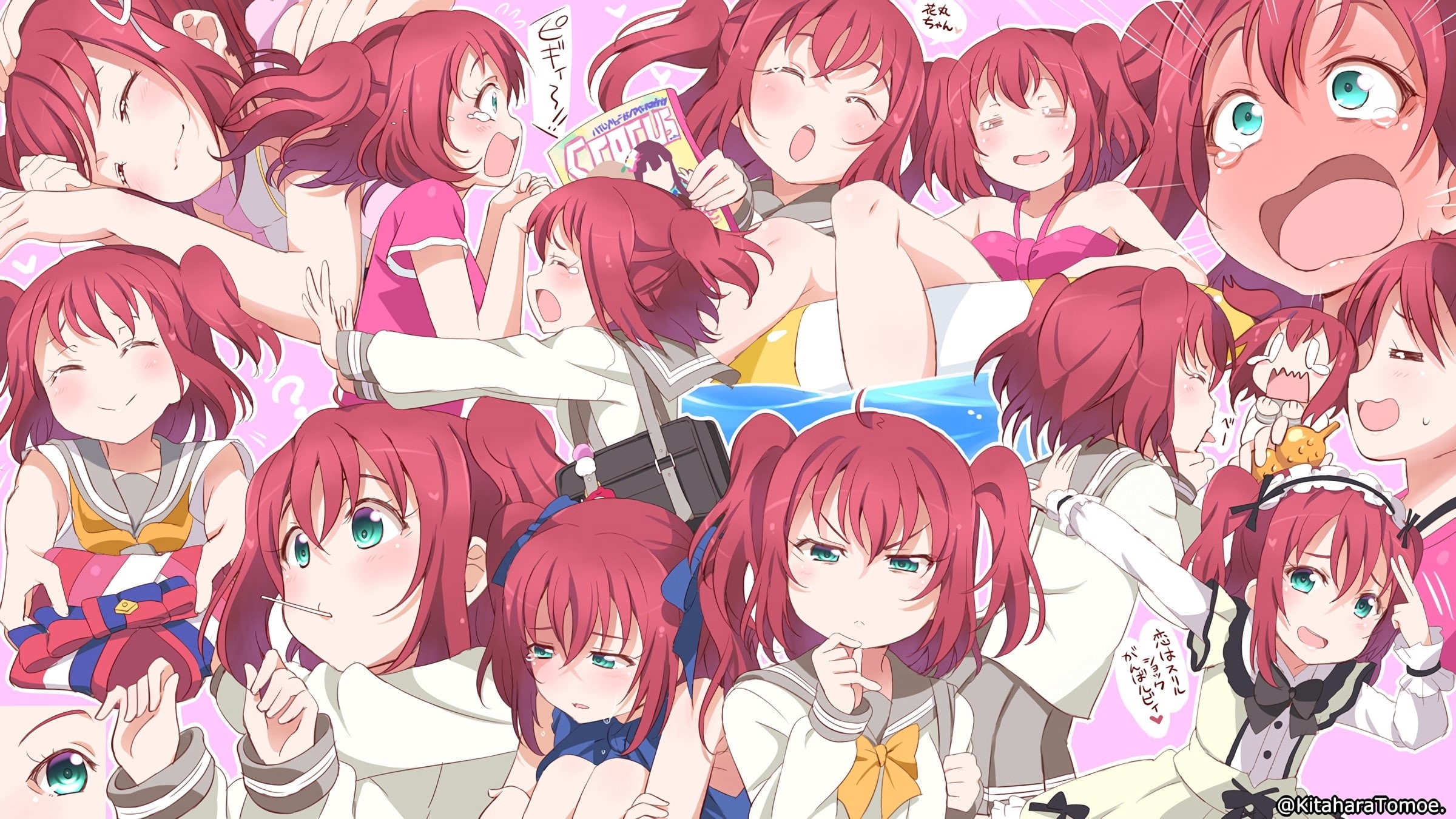 seifuku, (artist), bow, kitahara, eyes, green, 250579, com, konachan, 1080P, watermark, kurosawa, hair, red, short, skirt, headdress, love, waifu2x, twintails, HD Wallpaper