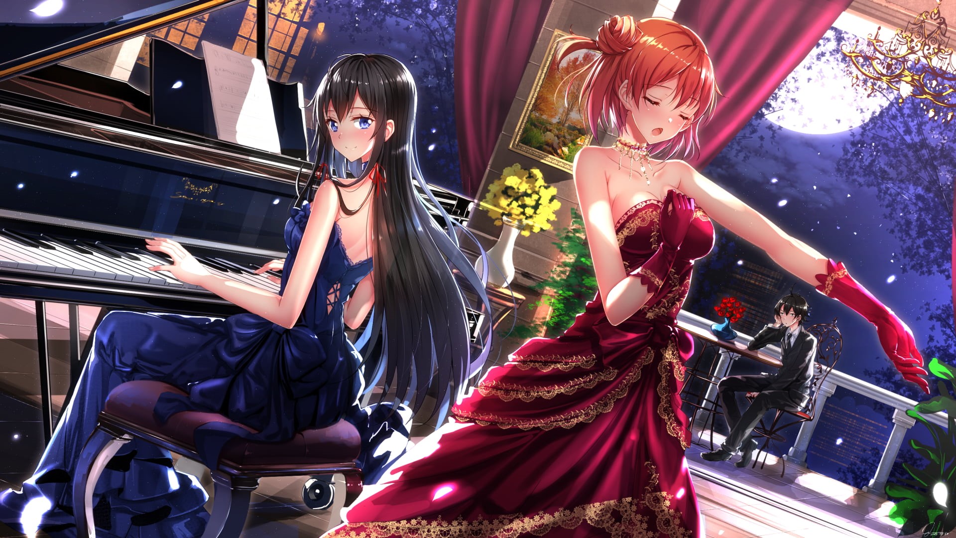 three quarter length, Hikigaya Hachiman, illuminated, character, party - Social Event, fun, beauty, women, beautiful, long hair, Yukinoshita Yukino, wearing, HD Wallpaper