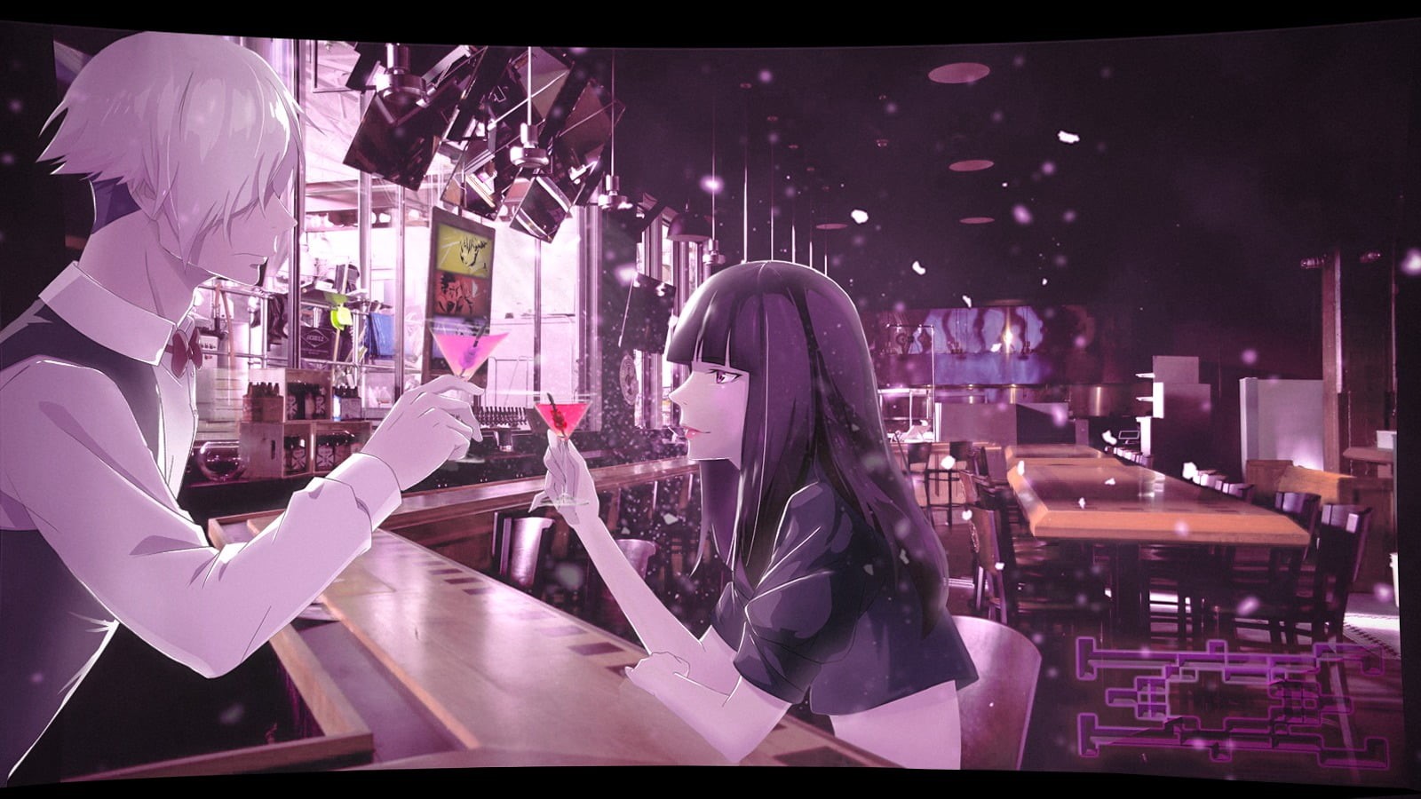 people, adult, glass - material, women, Death Parade, bar, technology, architecture, industry, city, business, night, drink, anime girls, restaurant, reflection, HD Wallpaper