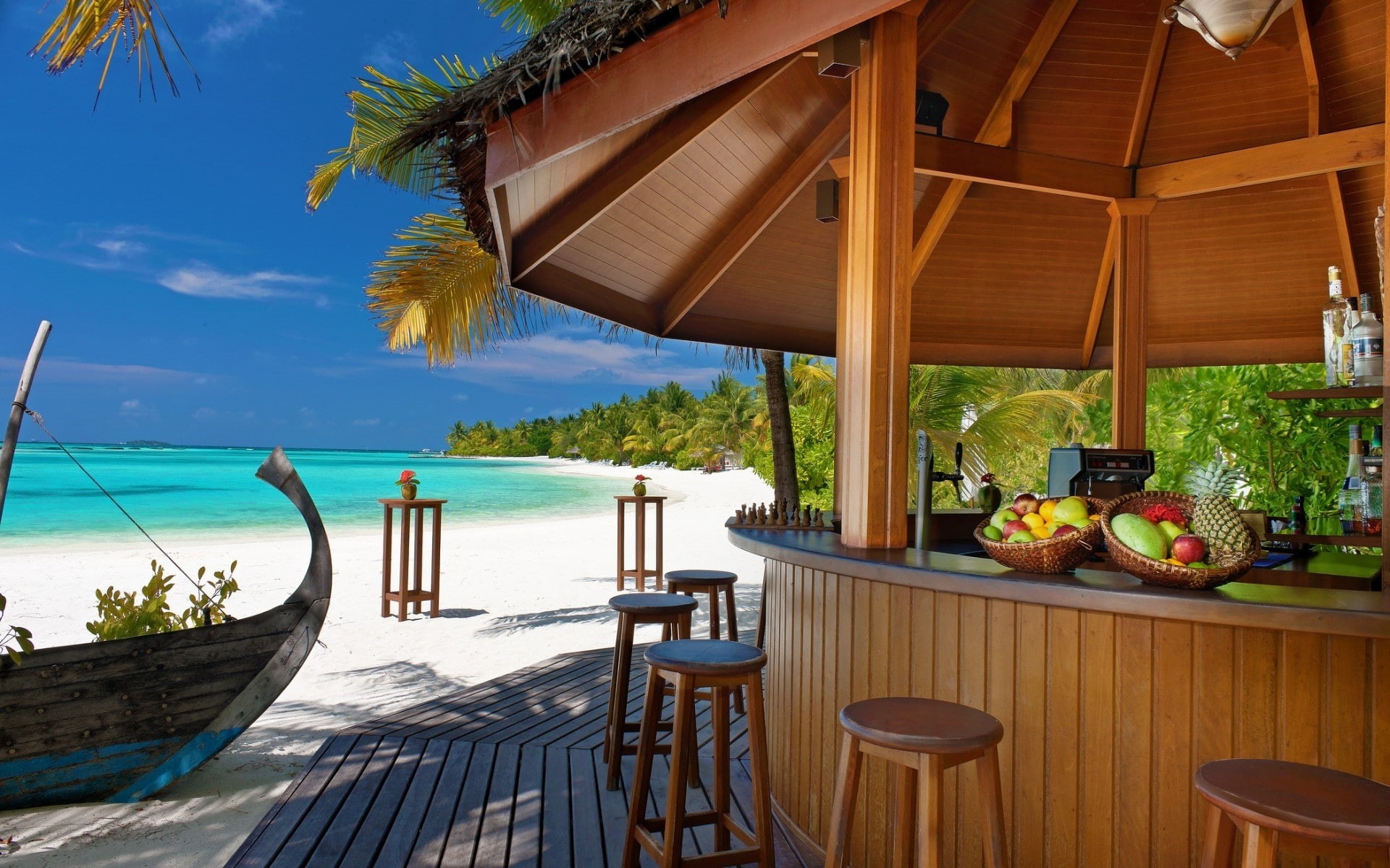 bar, sea, beach, blue sky, summer, wooden, landscape, ocean, cottage, brown, 1080P, HD Wallpaper