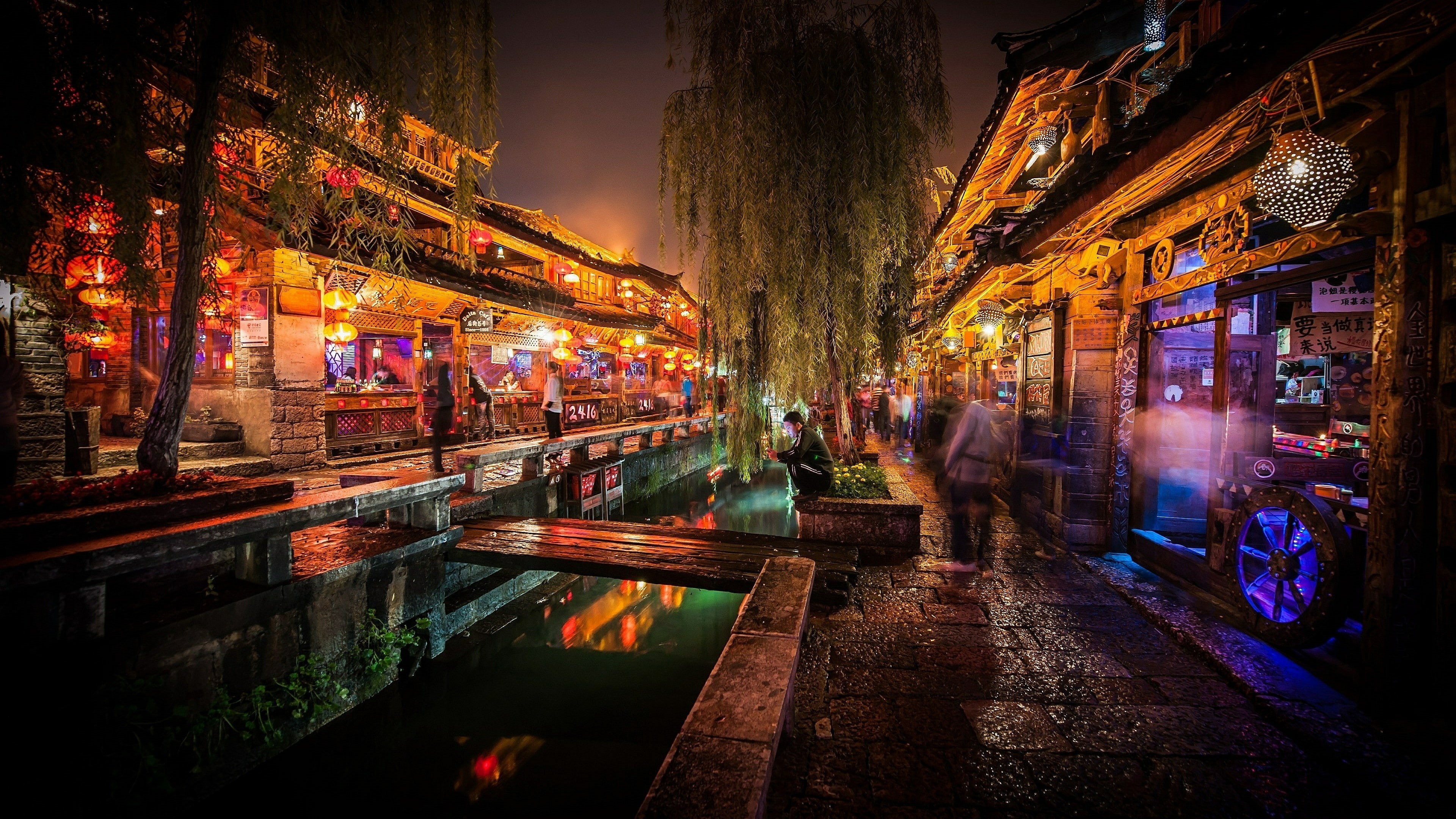 street view, bar, darkness, street, city, lighting, china, evening, lijiang, old town, reflection, sky, asia, 4K, yunnan, cityscape, night, HD Wallpaper