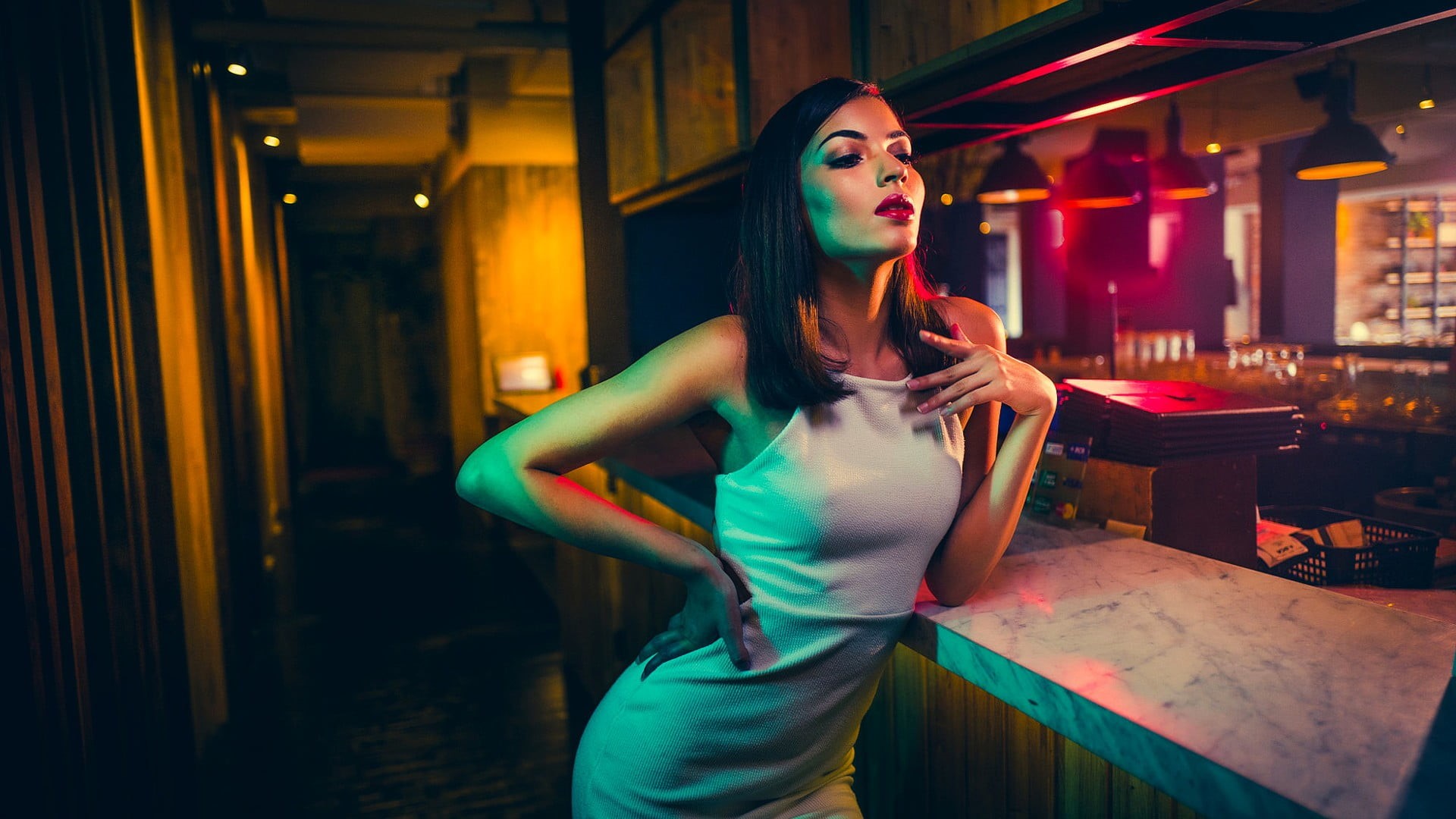 brunette, one person, three quarter length, white, table, 1080P, real people, dress, hands on hips, model, spaghetti, fashion, nightlife, adult, illuminated, HD Wallpaper