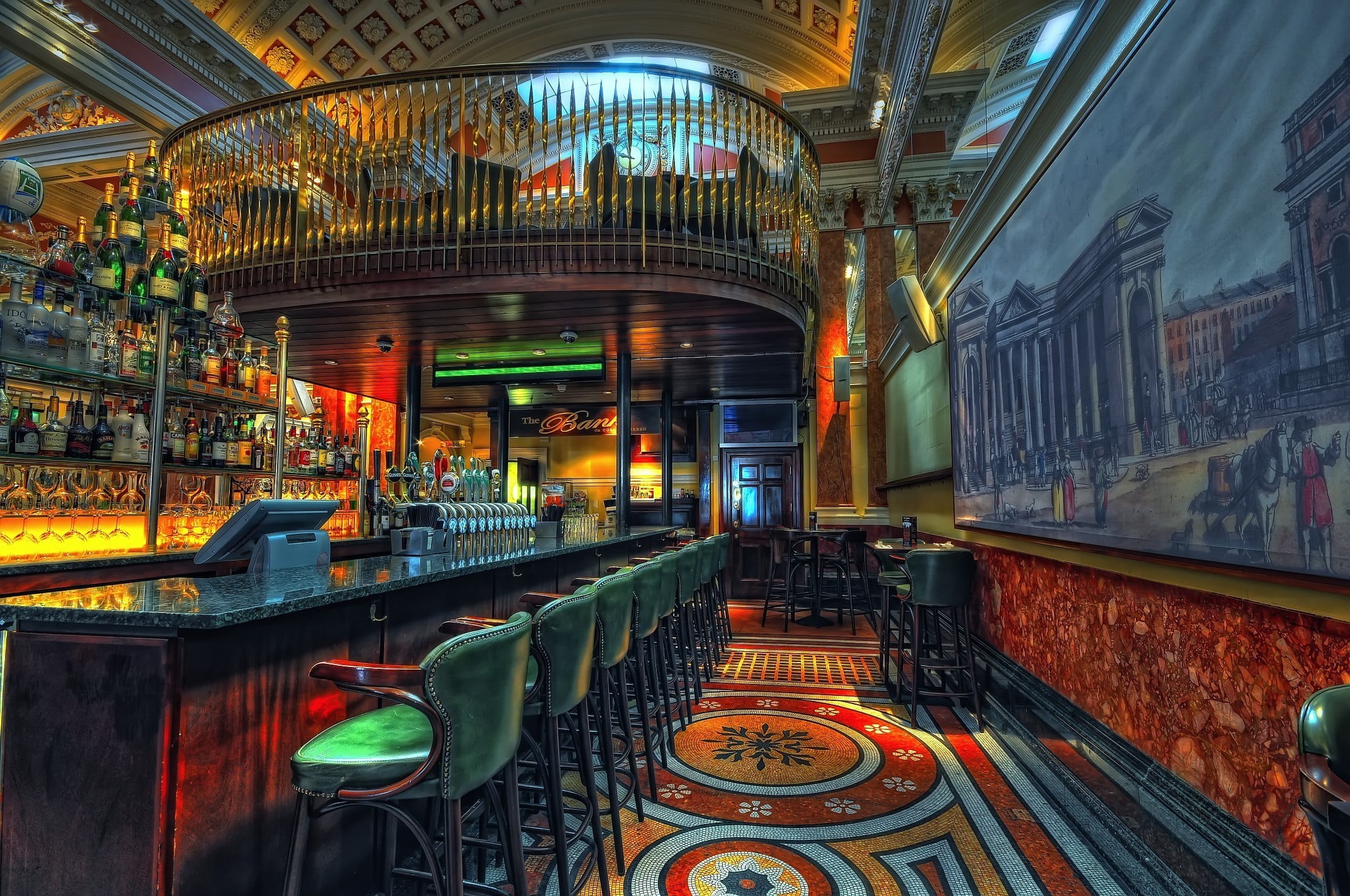 indoors, lighting equipment, seat, rail transportation, 1080P, spirituality, building, travel, illuminated, pub, bar, belief, religion, inside, HD Wallpaper