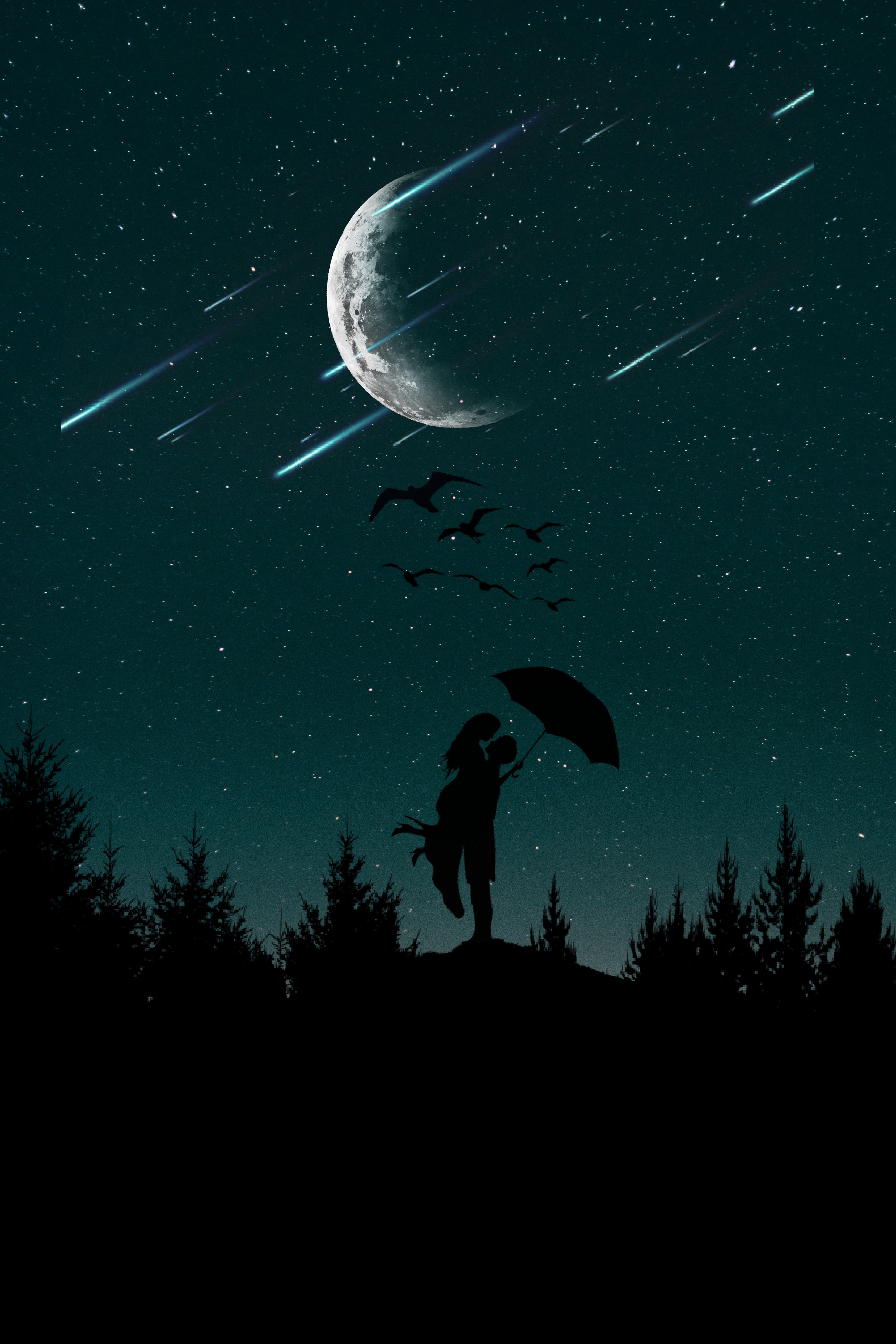 planetary moon, girl, moonlight, female, nature, woman, scenics - nature, star, people, romantic, smile, happy, water, tree, star field, astronomy, romance, Phone HD Wallpaper