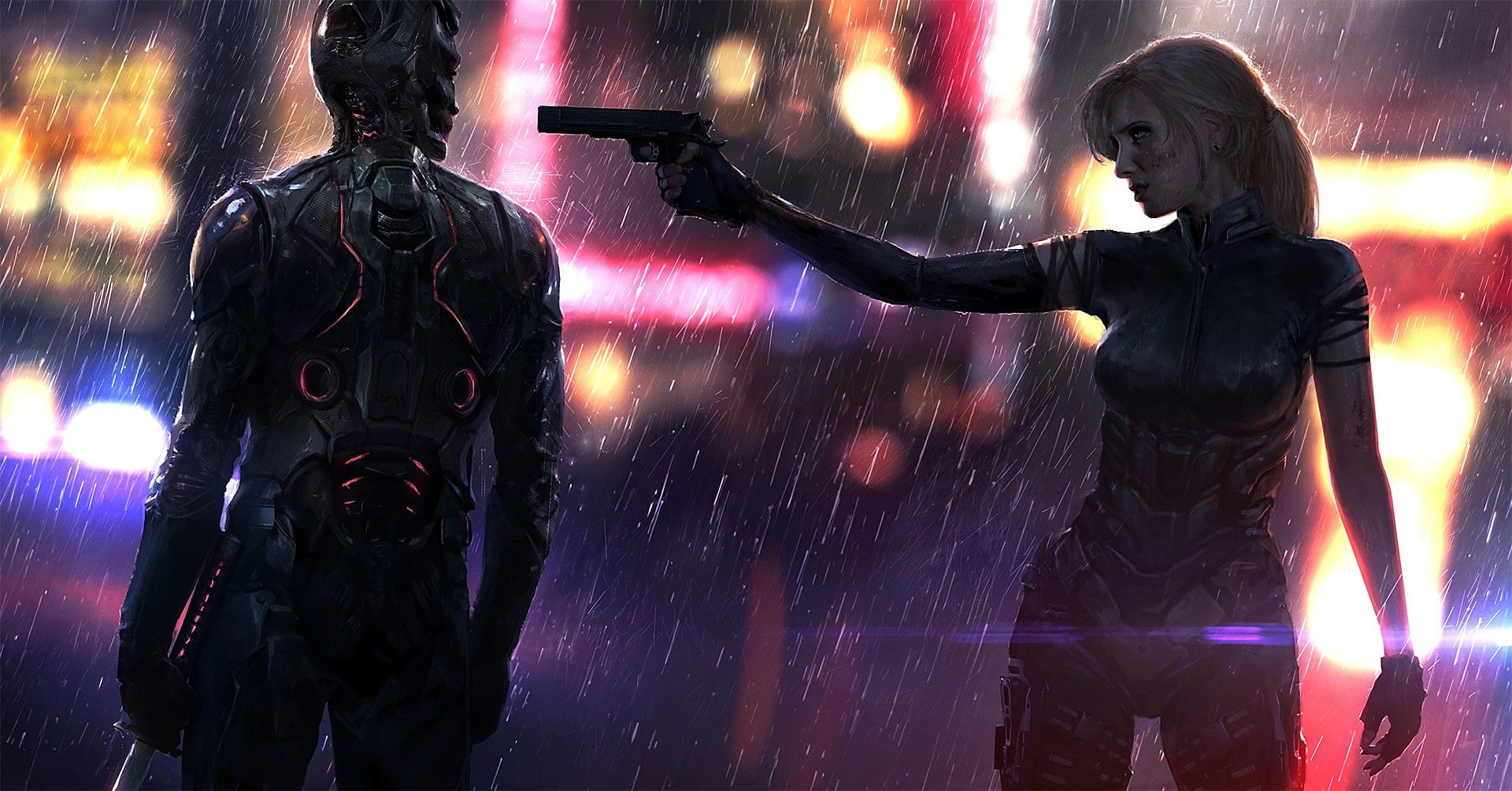 women, futuristic, gun, digital art, cyborg, science fiction, 1080P, cyberpunk, Jonas De Ro, girls with guns, HD Wallpaper